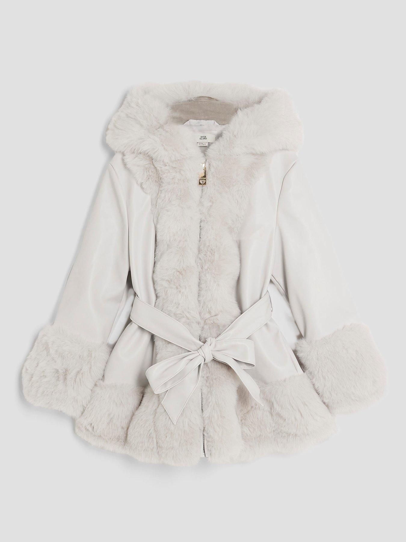 River Island Older Girls Faux Fur Wrap Hooded Coat - Grey
