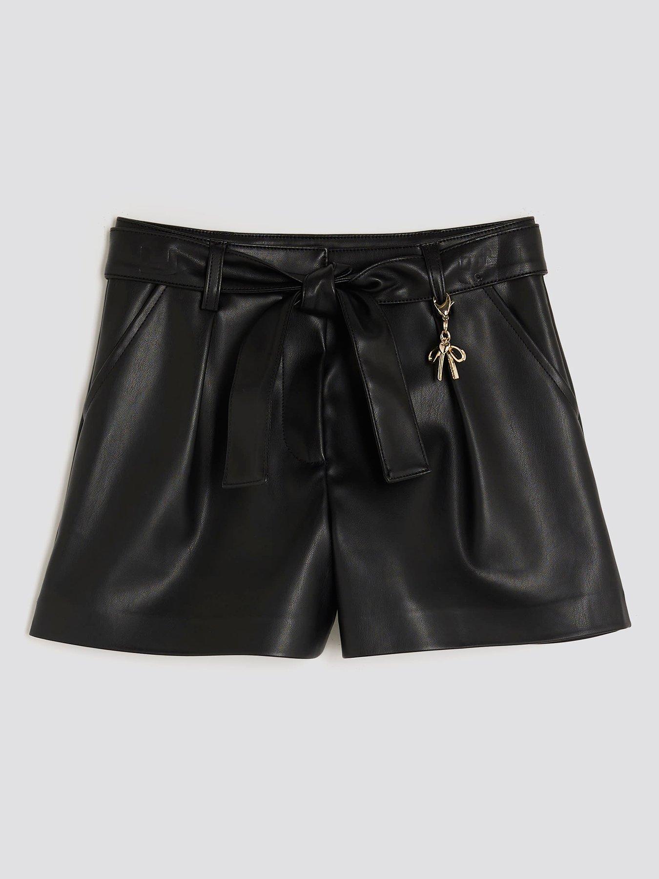 River Island Older Girls Faux Leather Belted Bow Charm Shorts - Black