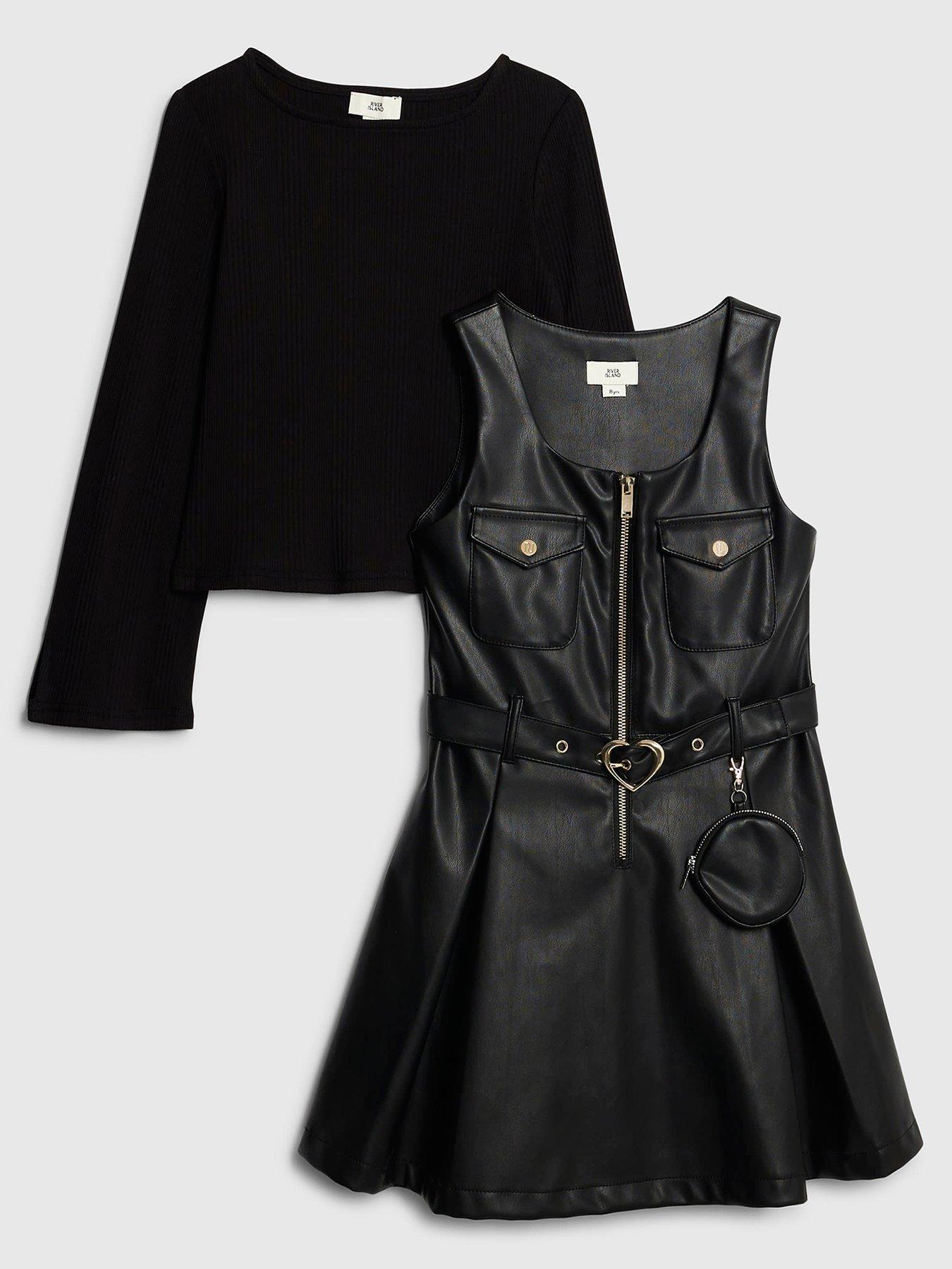 River Island Older Girls Faux Leather Pinafore Dress Set - Black | Very