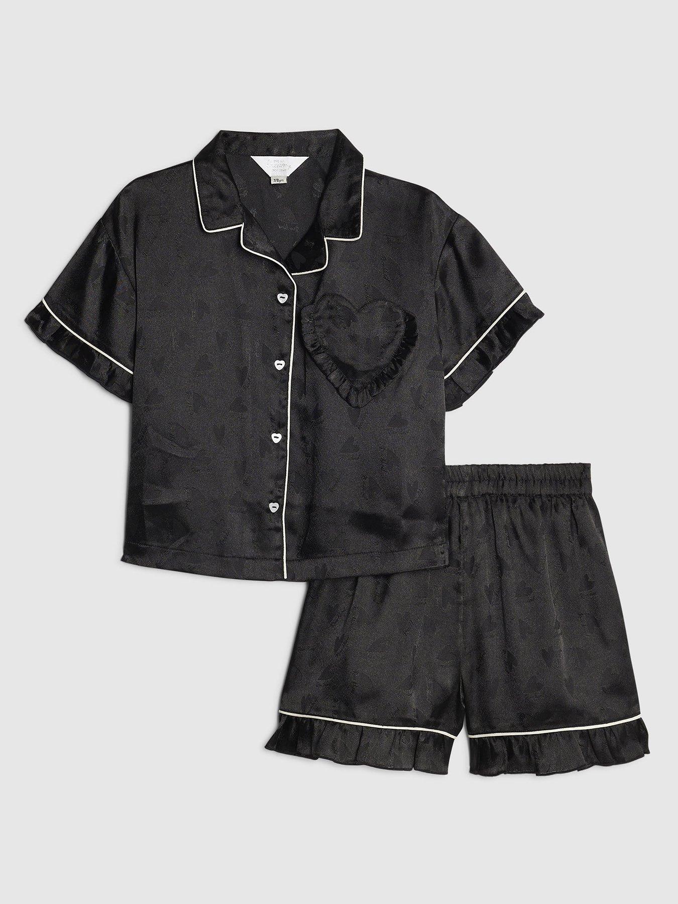 River Island Older Girls Satin Heart Pyjama Set - Black