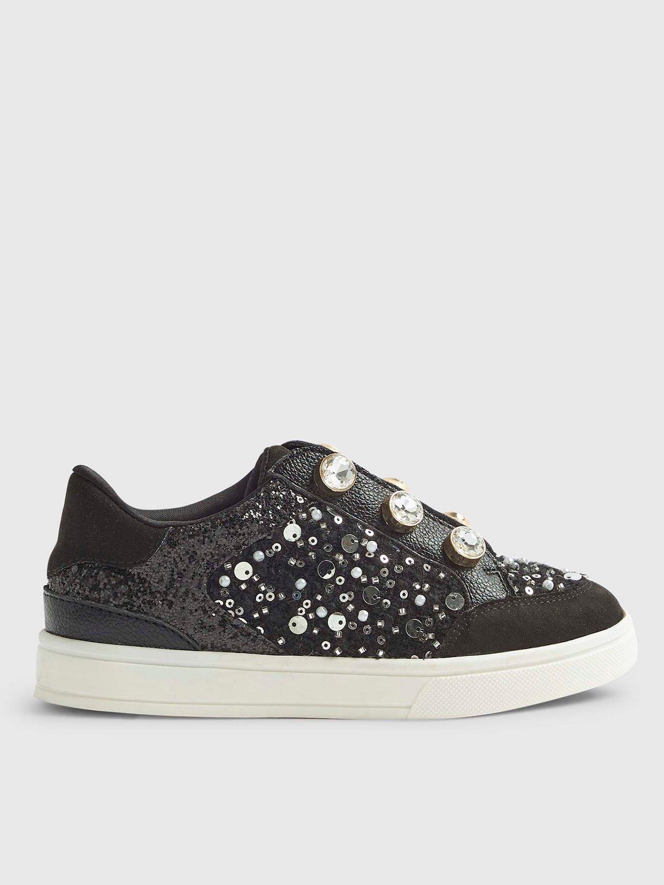 River Island Older Girls Boucle Gem Eyelet Trainers - Black