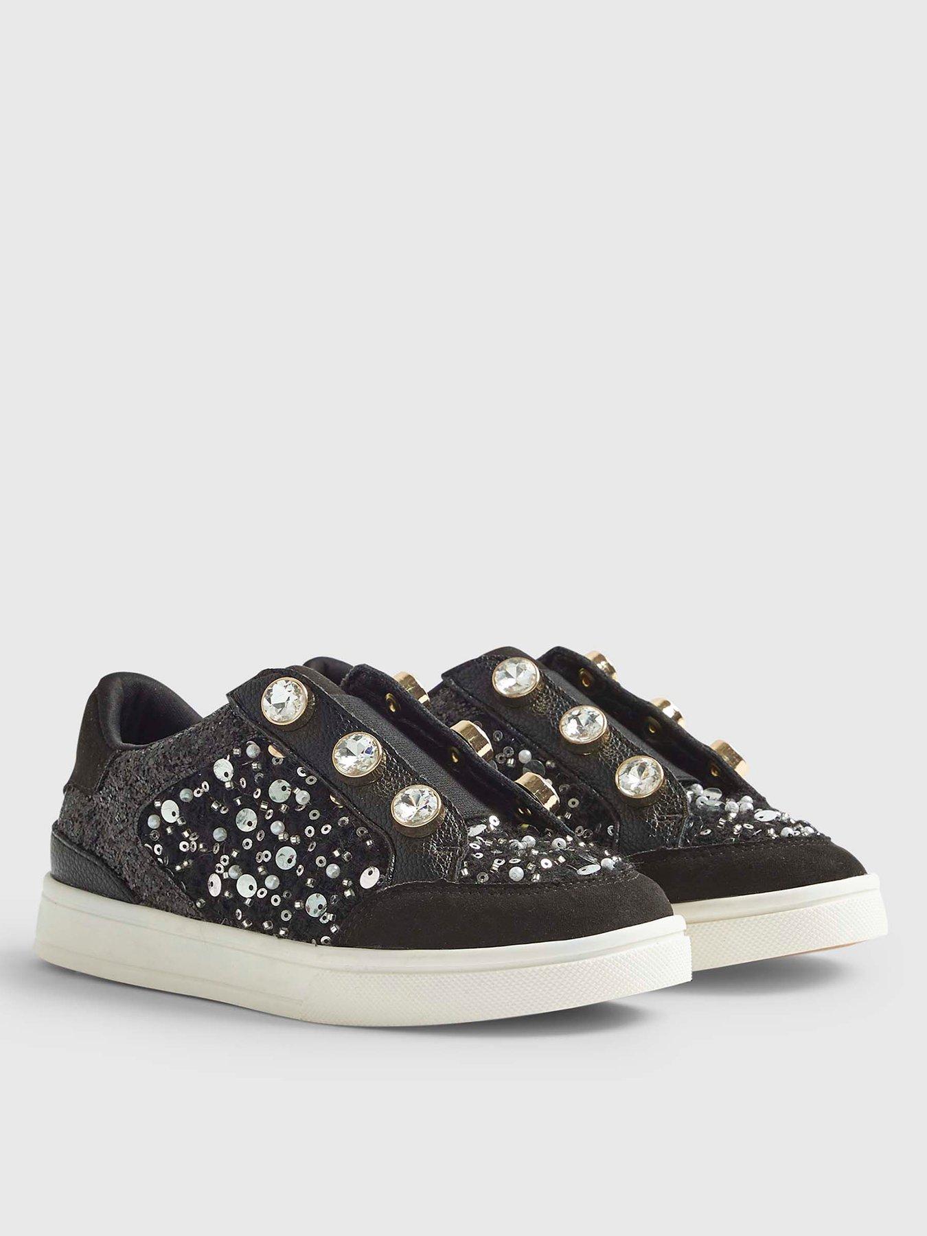 Image 2 of 5 of River Island Older Girls Boucle Gem Eyelet Trainers - Black