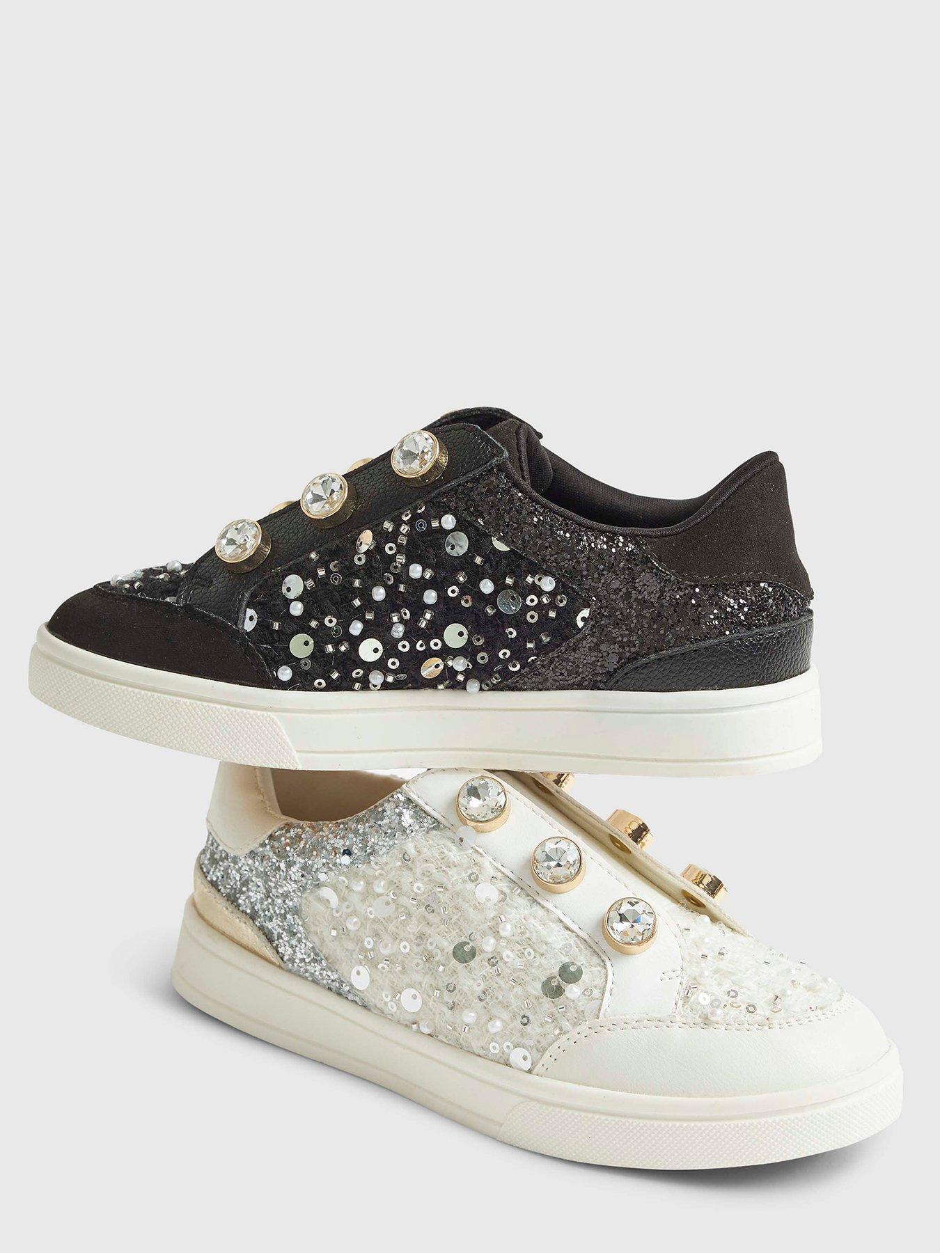 Image 4 of 5 of River Island Older Girls Boucle Gem Eyelet Trainers - Black