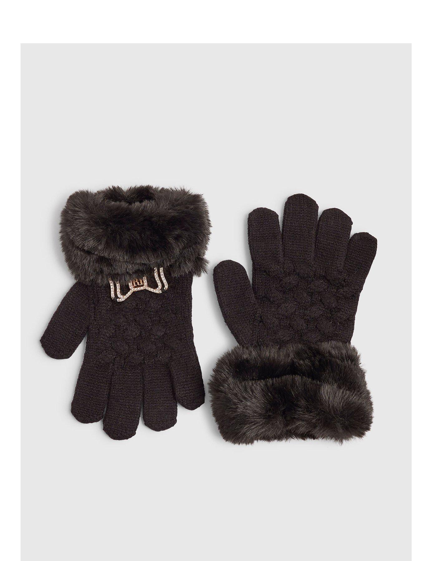 River Island Older Girls Bow Knitted Faux Fur Trim Gloves - Black