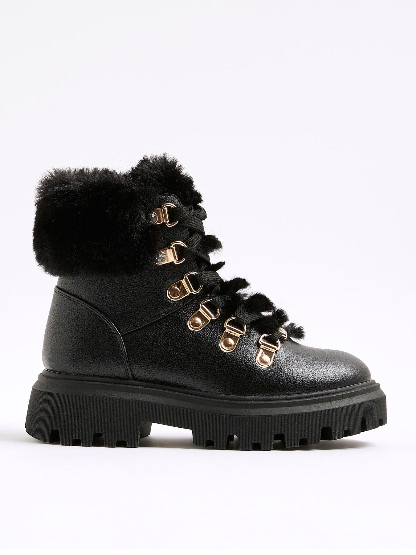 River Island Older Girls Faux Fur Lace Up Hiker Boots - Black