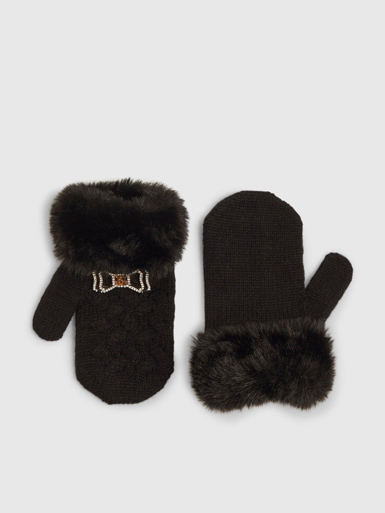 River Island Mini Girls Bow Fur Cuff Mittens - Black