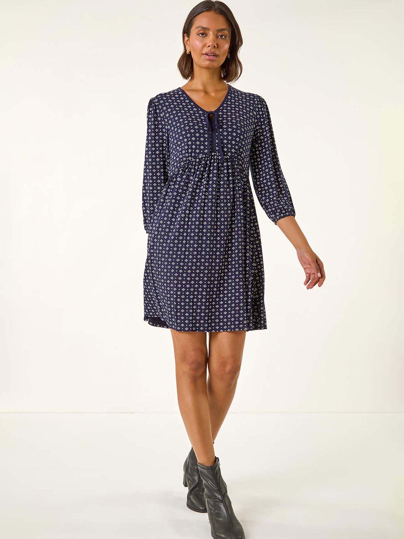 Roman Geometric Bow Stretch Dress - Navy