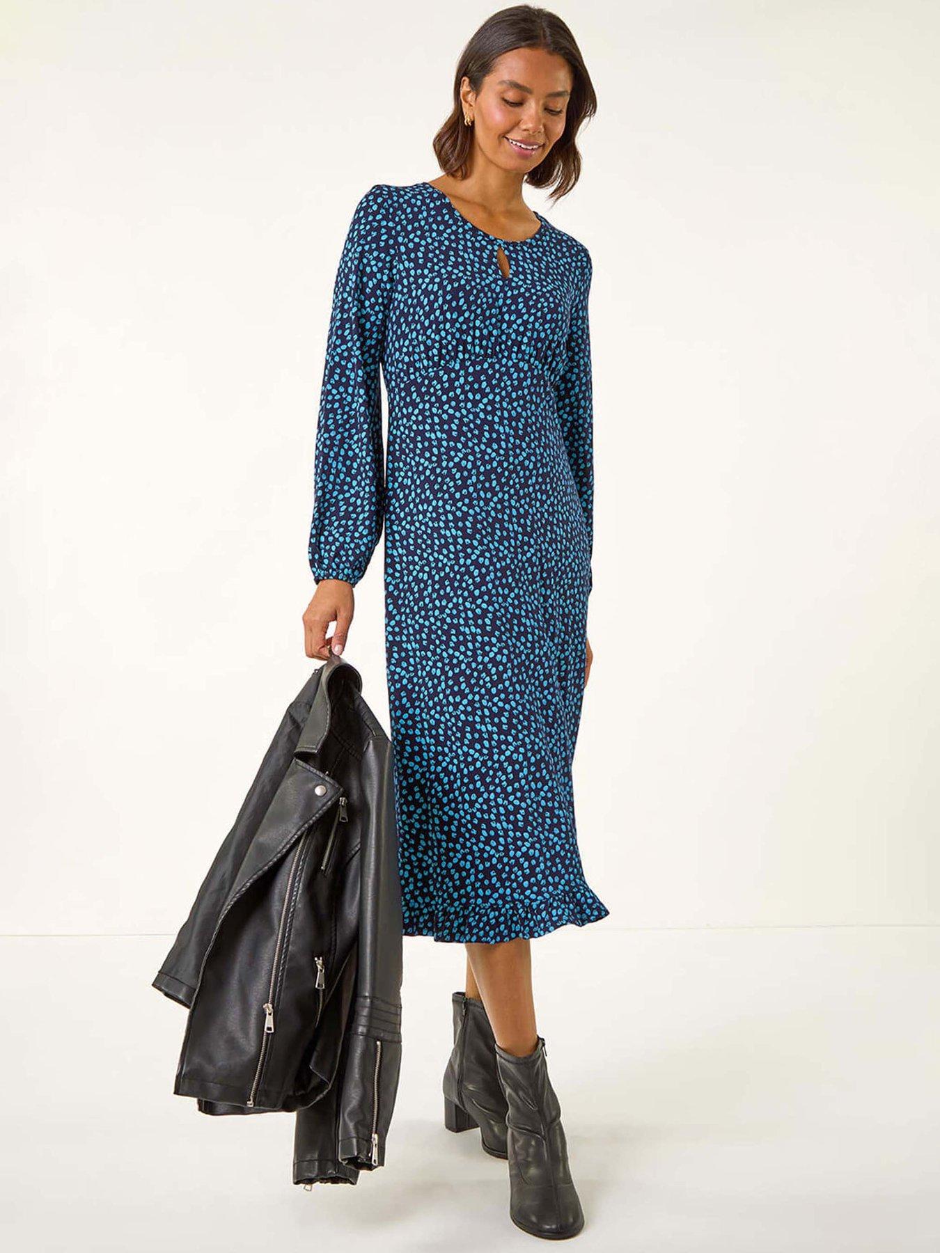 Roman Spot Print Keyhole Midi Dress - Blue