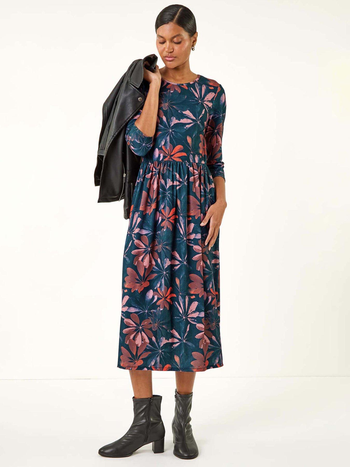 Roman Floral Print Stretch Midi Dress - Rose