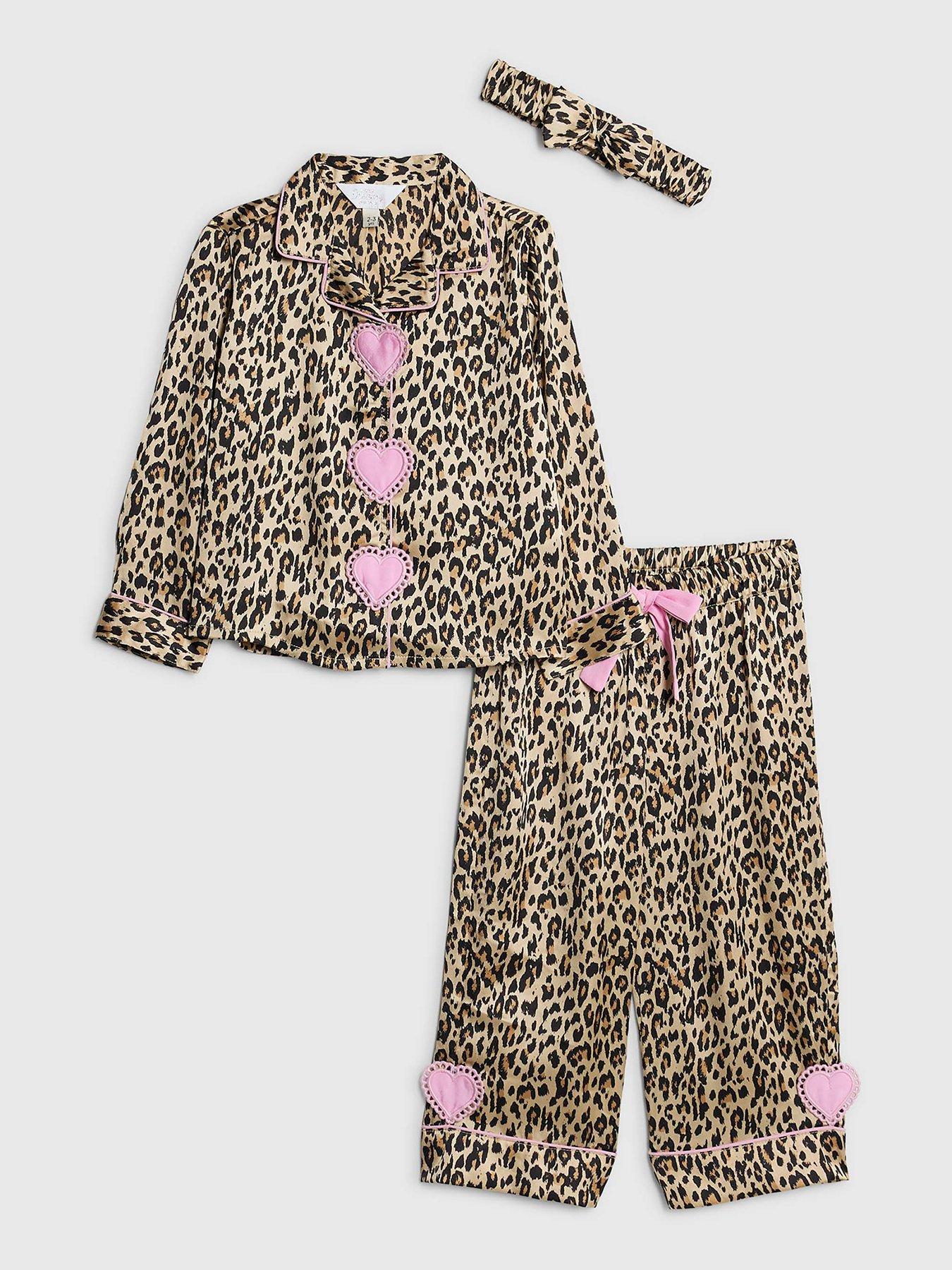 Image 1 of 4 of River Island Mini Girls Leopard Heart Pyjamas Set With Scrunchie - Brown