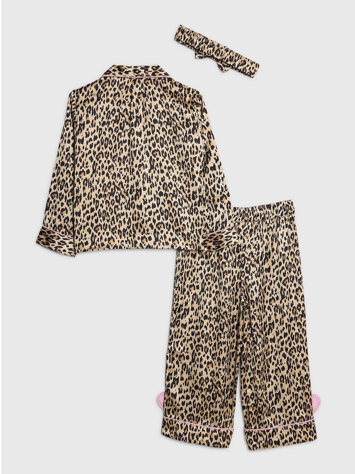Image 2 of 4 of River Island Mini Girls Leopard Heart Pyjamas Set With Scrunchie - Brown