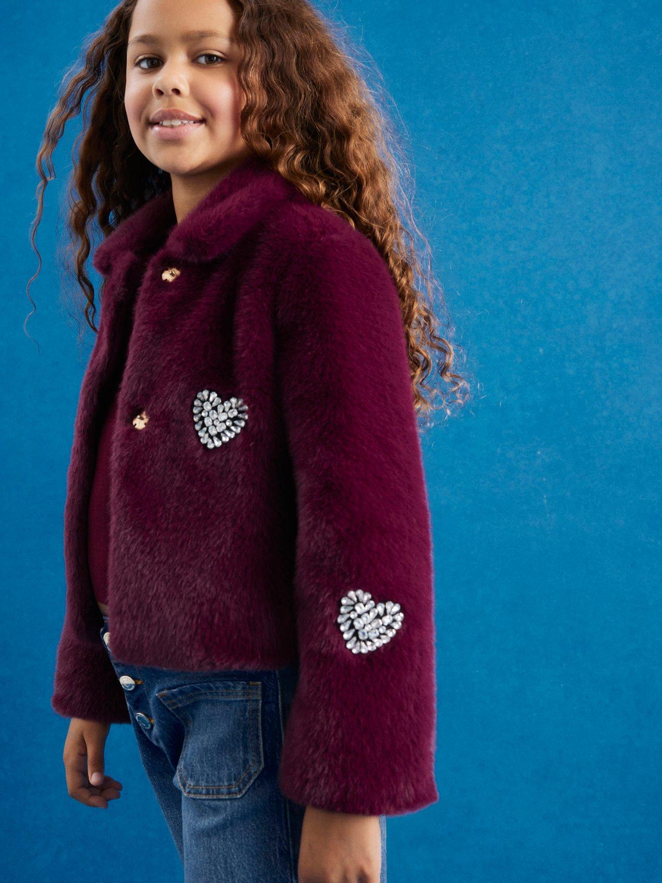 River Island Older Girls Embellished Faux Fur Heart Jacket - Dark Red