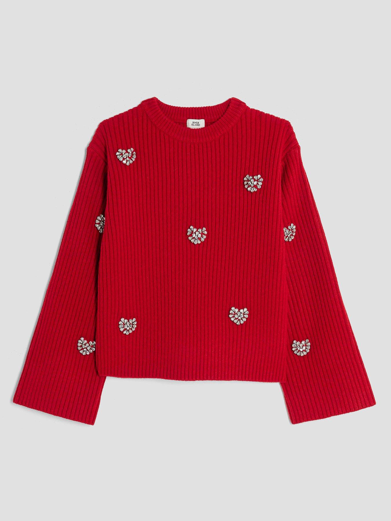 Image 1 of 4 of River Island Older Girls Embellished Heart Jumper - Red