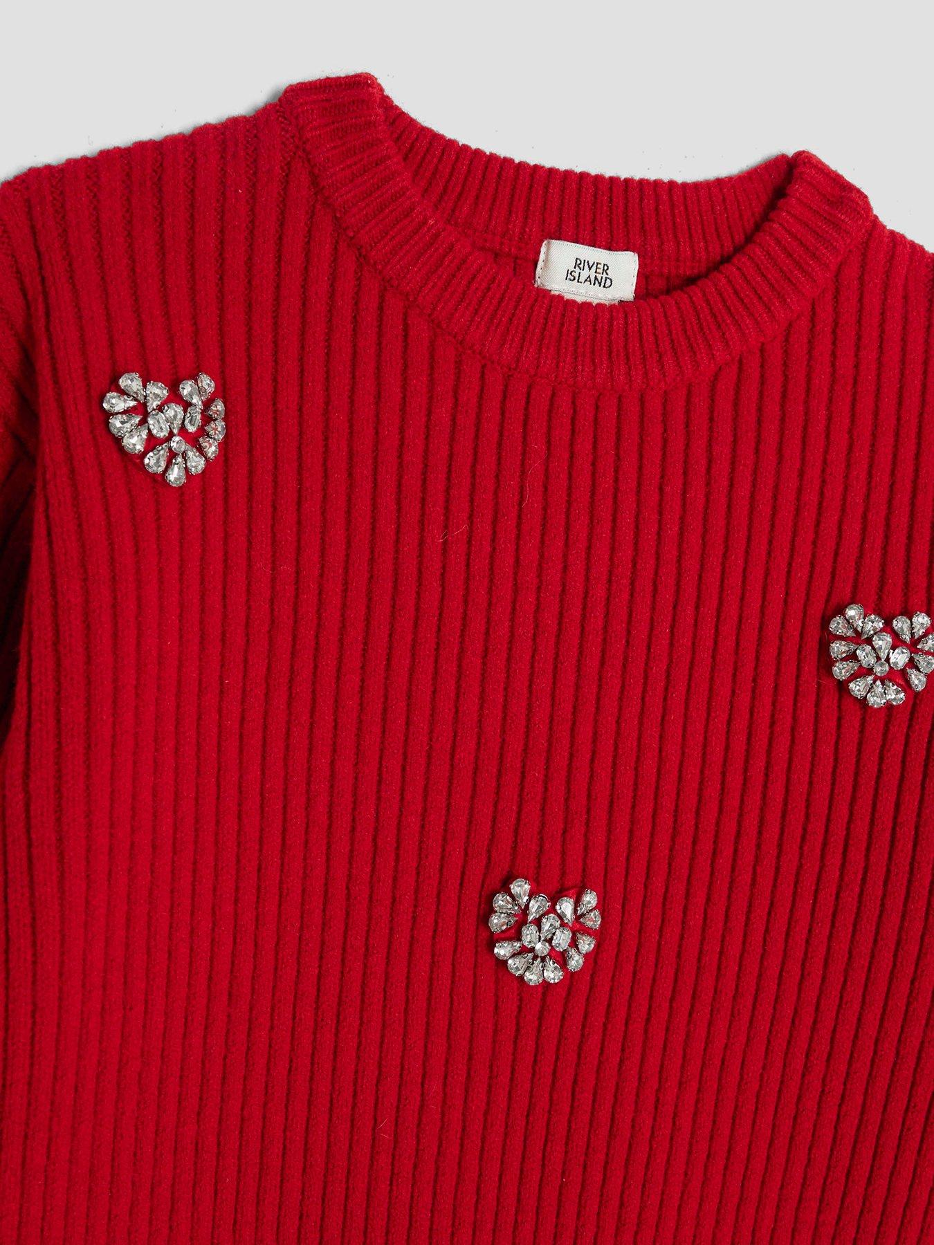 Image 4 of 4 of River Island Older Girls Embellished Heart Jumper - Red