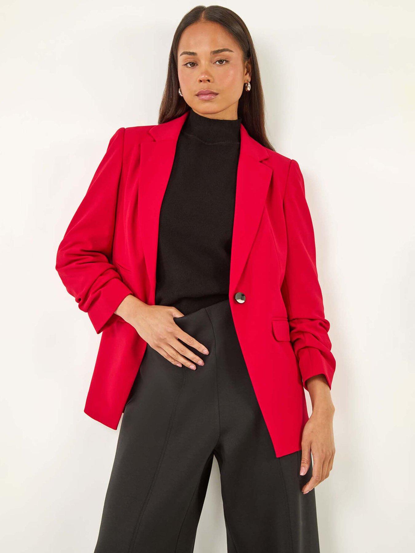 Roman Petite Ruched Buttoned Blazer - Red