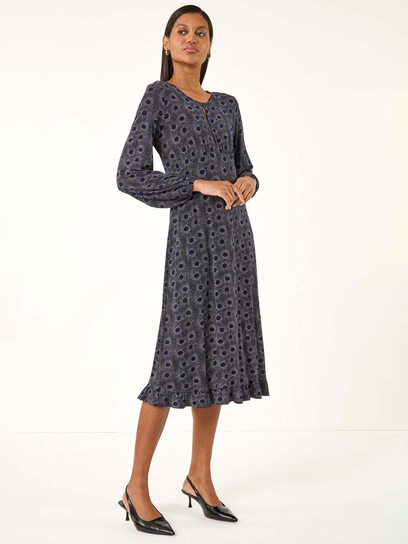 undefined Spot Print Keyhole Midi Dress - Navy