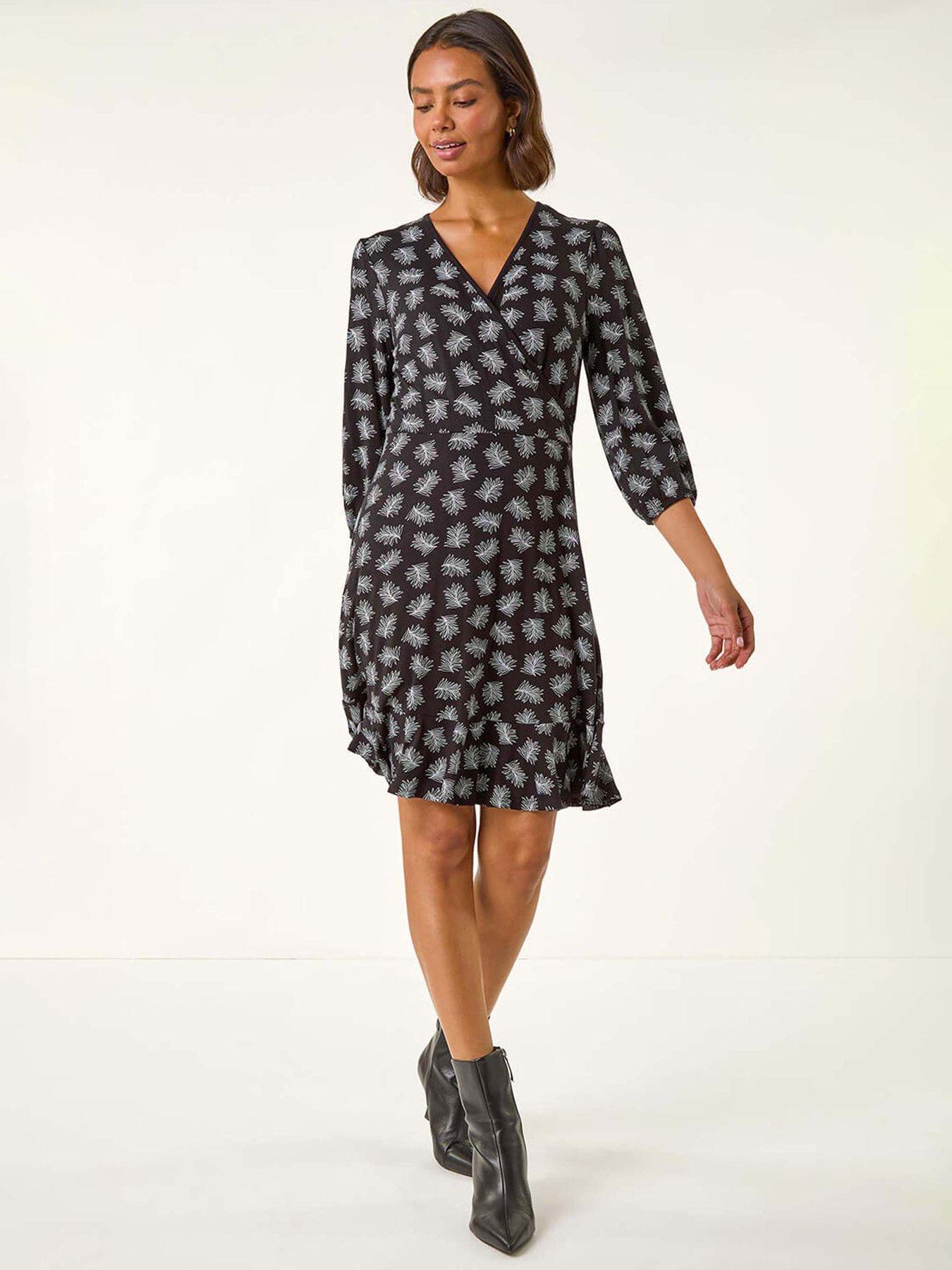 Roman Leaf Print Wrap Stretch Dress - Black
