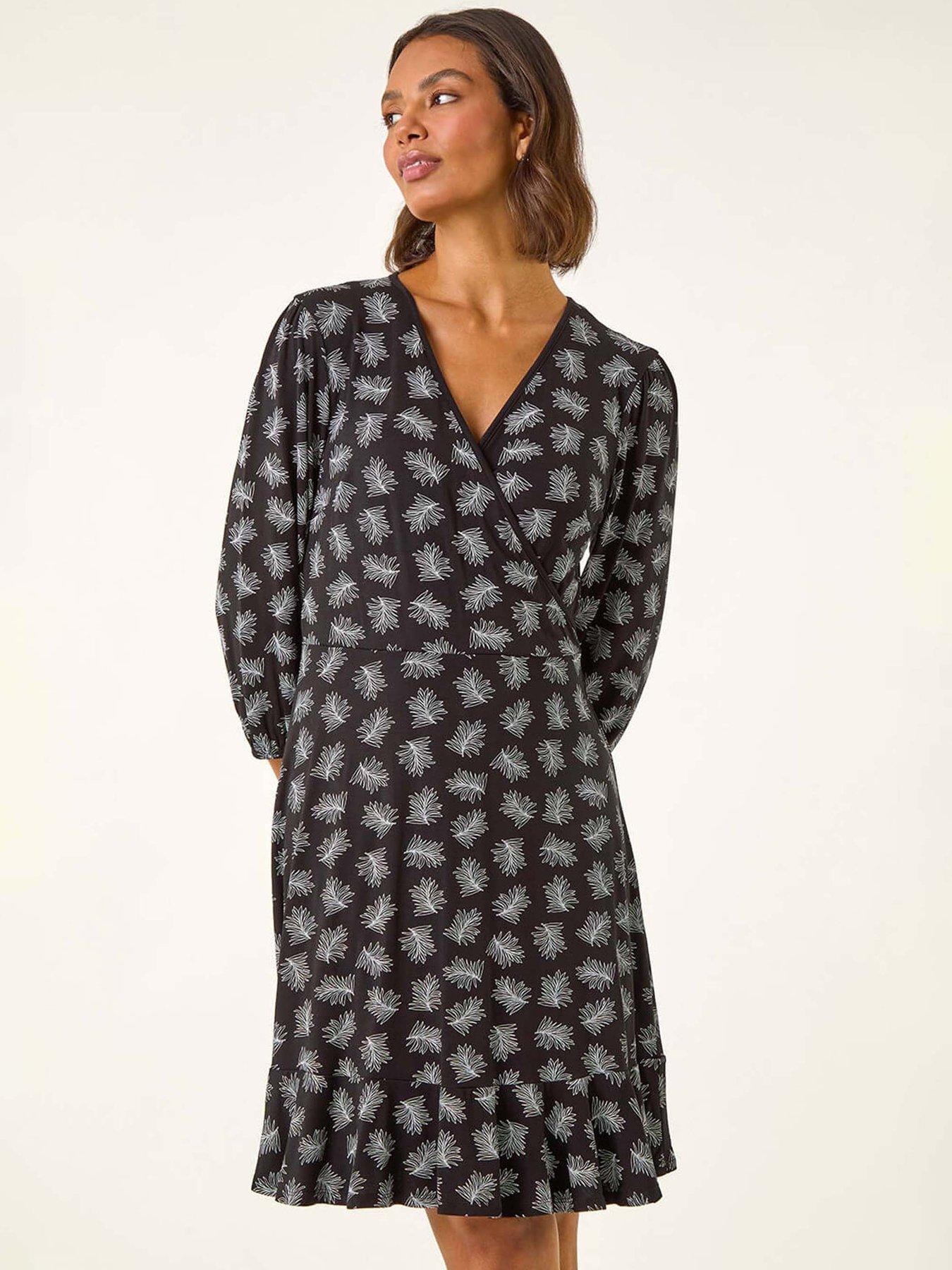 Image 3 of 5 of Roman Leaf Print Wrap Stretch Dress - Black