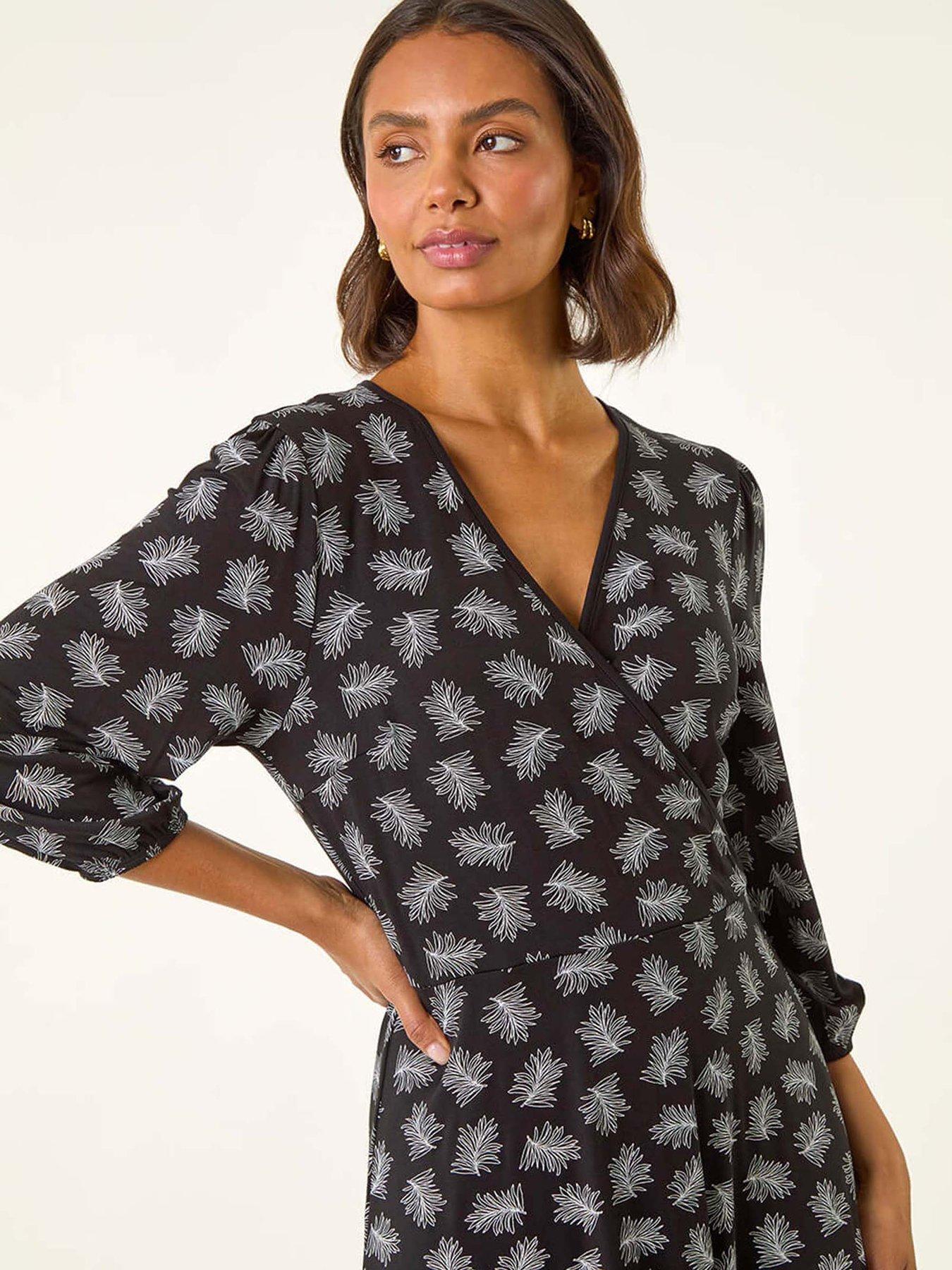 Image 4 of 5 of Roman Leaf Print Wrap Stretch Dress - Black