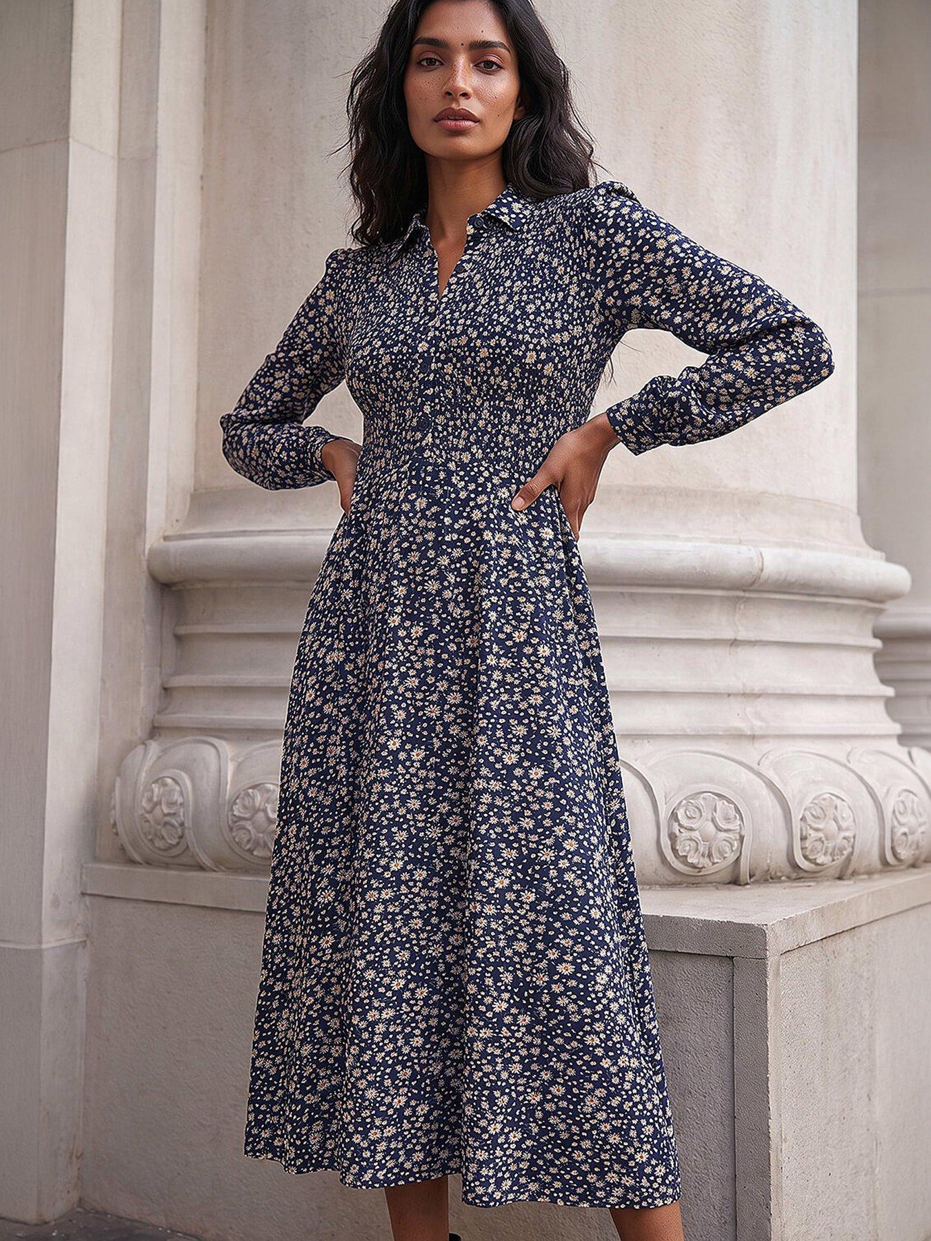 Roman Ditsy Floral Print Shirred Midi Dress, Navy, Size 18, Women