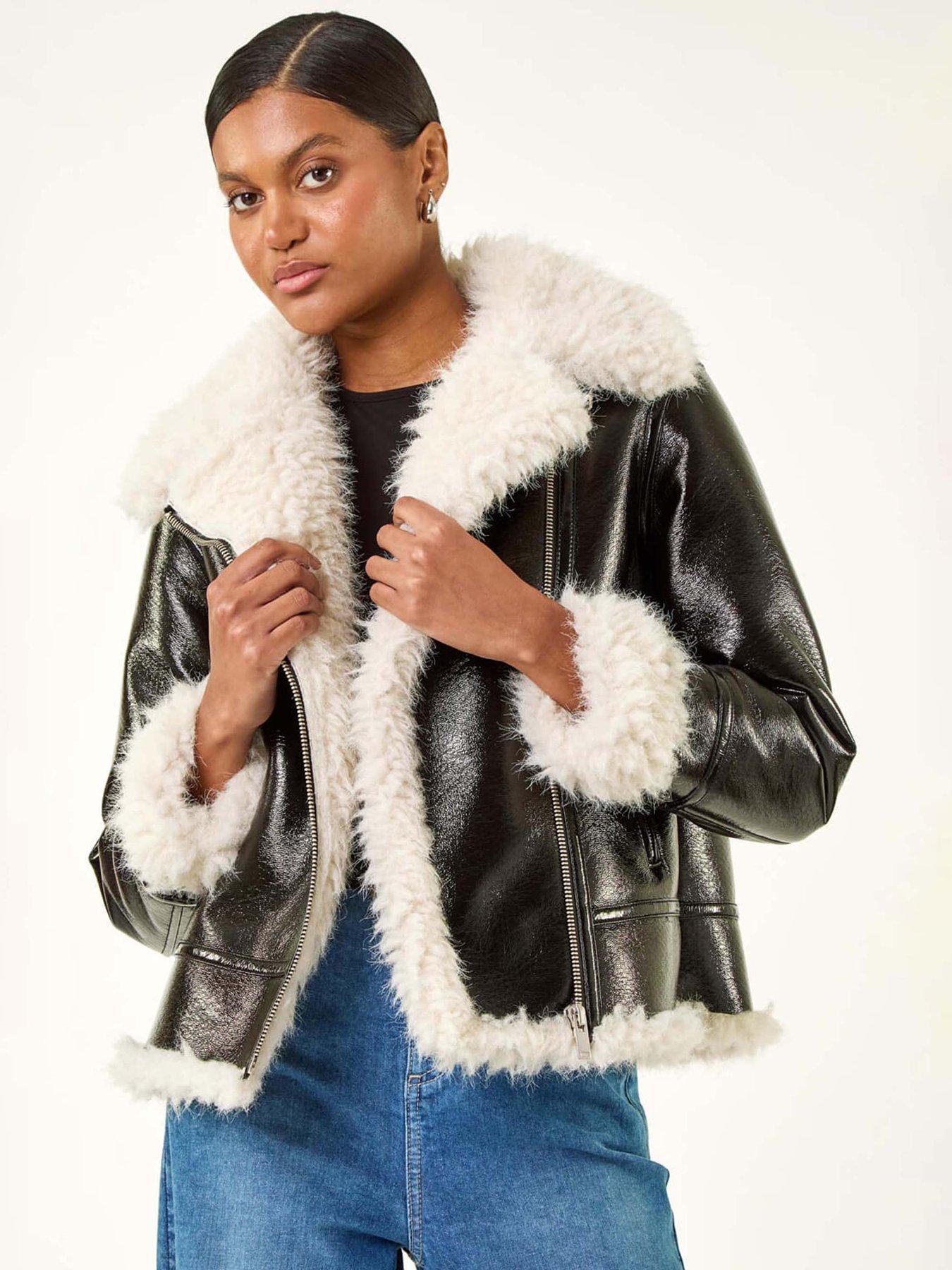 Roman Contrast Faux Leather Aviator Coat - Black