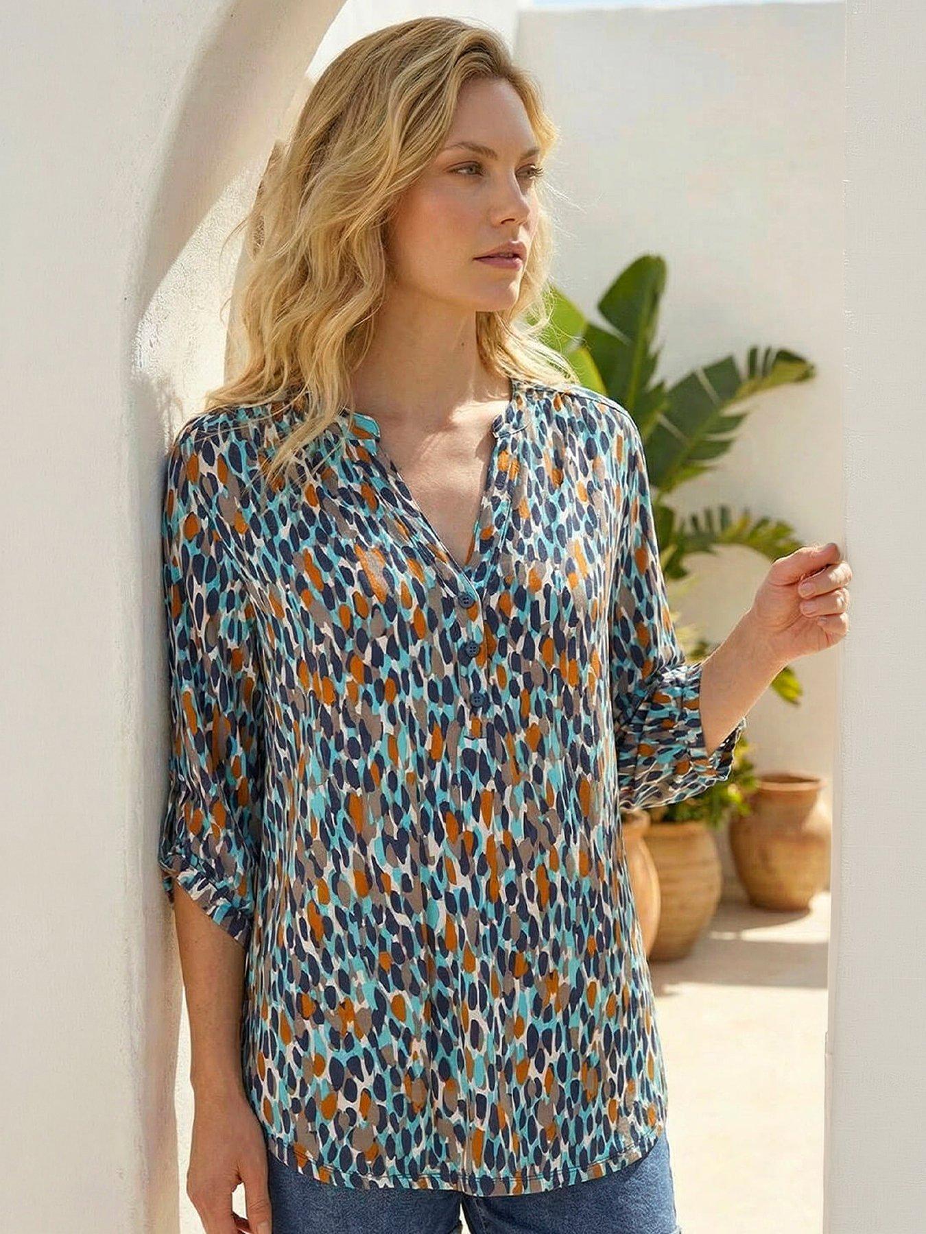 Roman Spot Print Notch Neck Shirt - Navy