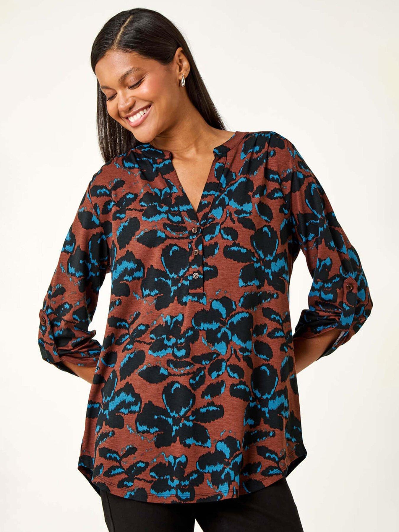 Roman Floral Print V-neck Stretch Top - Brown