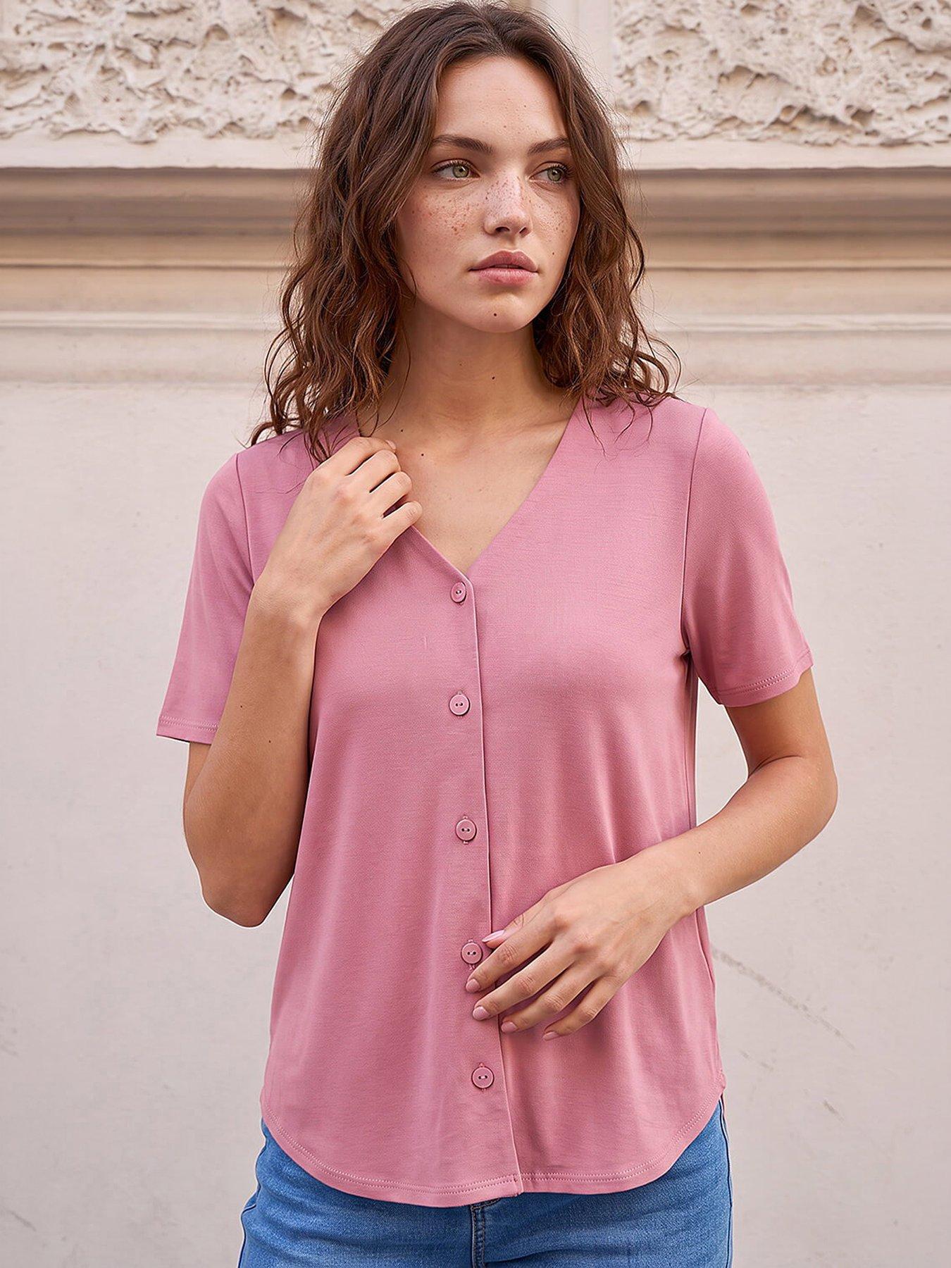 Roman Pink Petite V-Neck Buttoned Blouse - Image 7