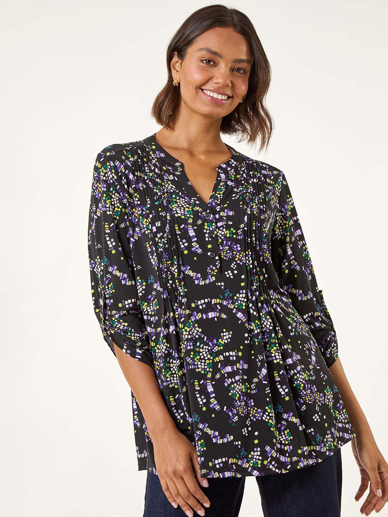 Roman Abstract Print Pintuck Stretch Top - Lime