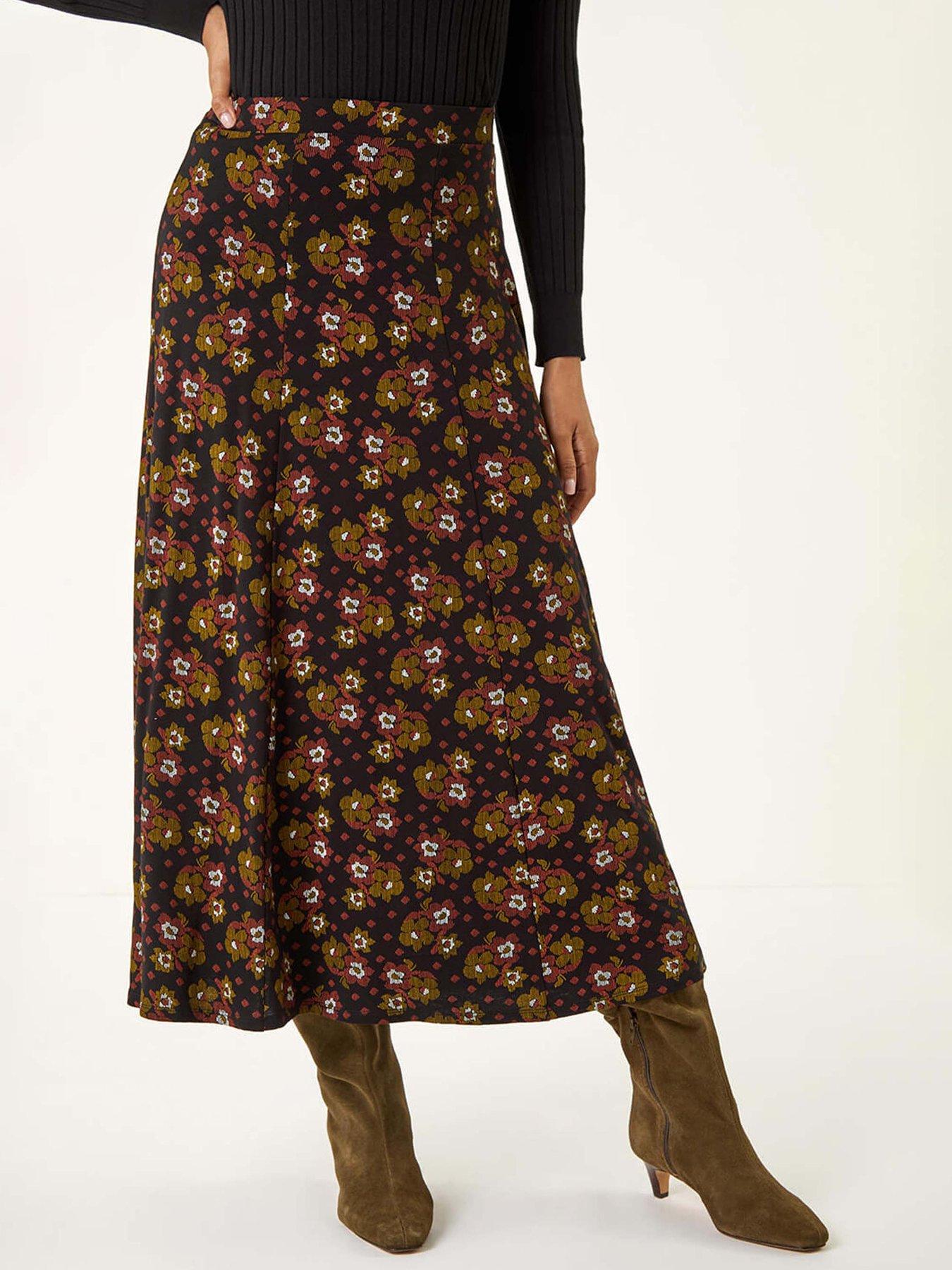 undefined Floral Print Stretch Midi Skirt  - Black