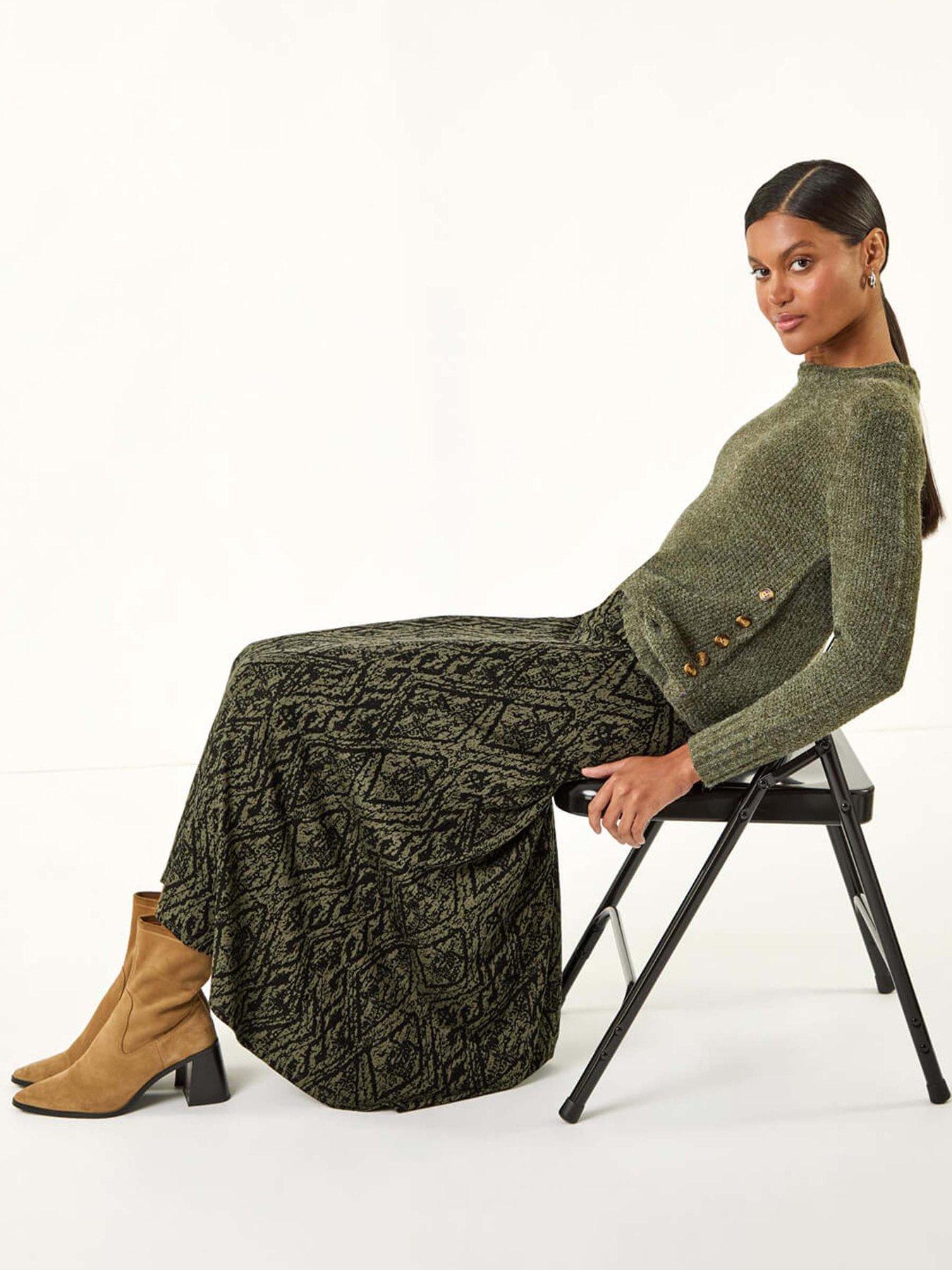 Image 4 of 5 of Roman Abstract Diamond Print Midi Skirt - Khaki