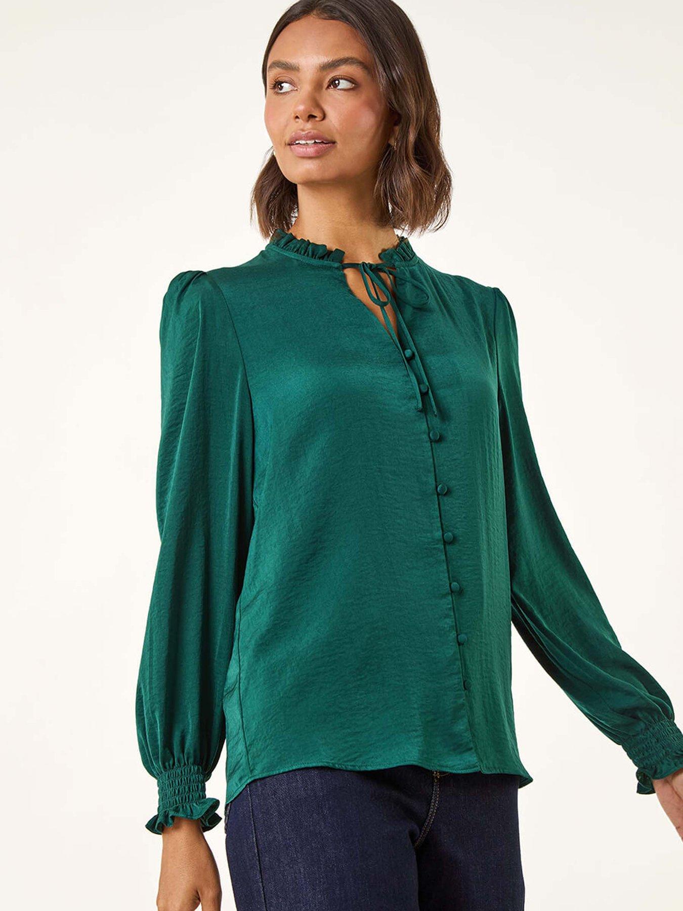 Roman Ruffle Front Tie Neck Blouse - Green | Very