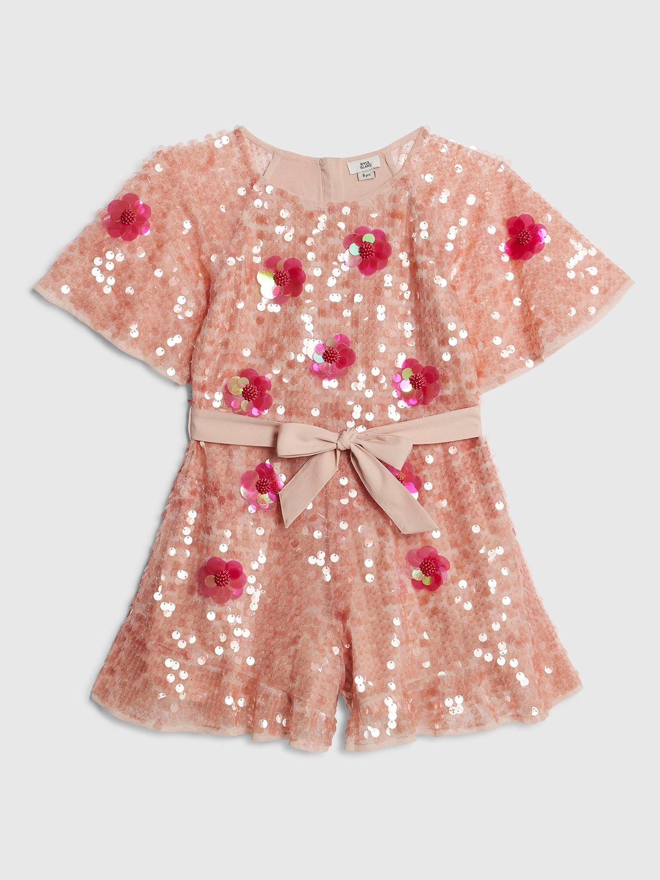River Island Older Girls Sequin Flower Playsuit - Pink