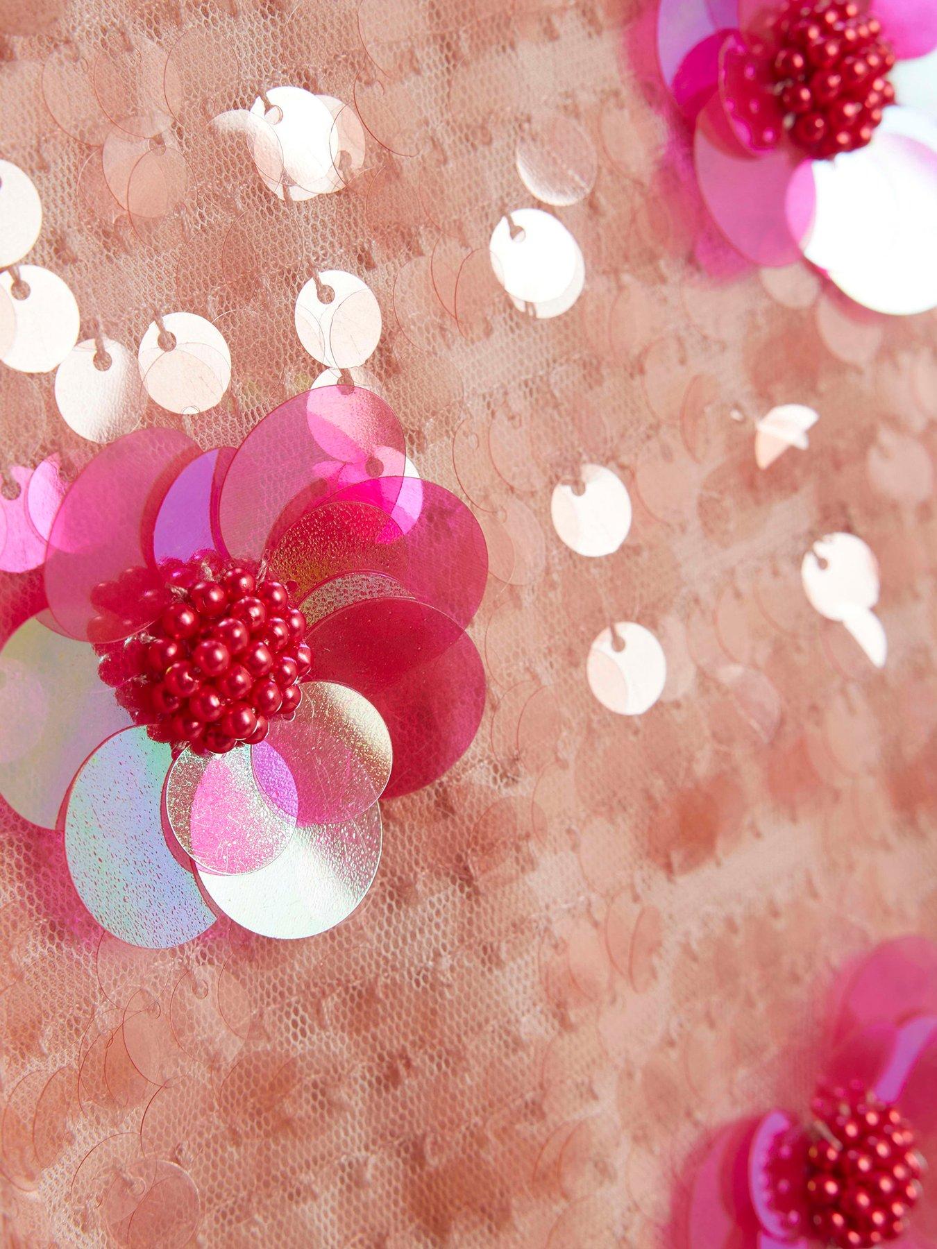 Image 4 of 4 of River Island Older Girls Sequin Flower Playsuit - Pink