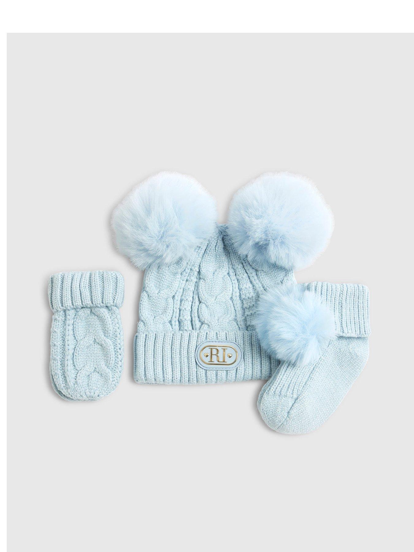 River Island Baby Boys 3 Piece Pom Pom Beanie Bundle Set - Light Blue