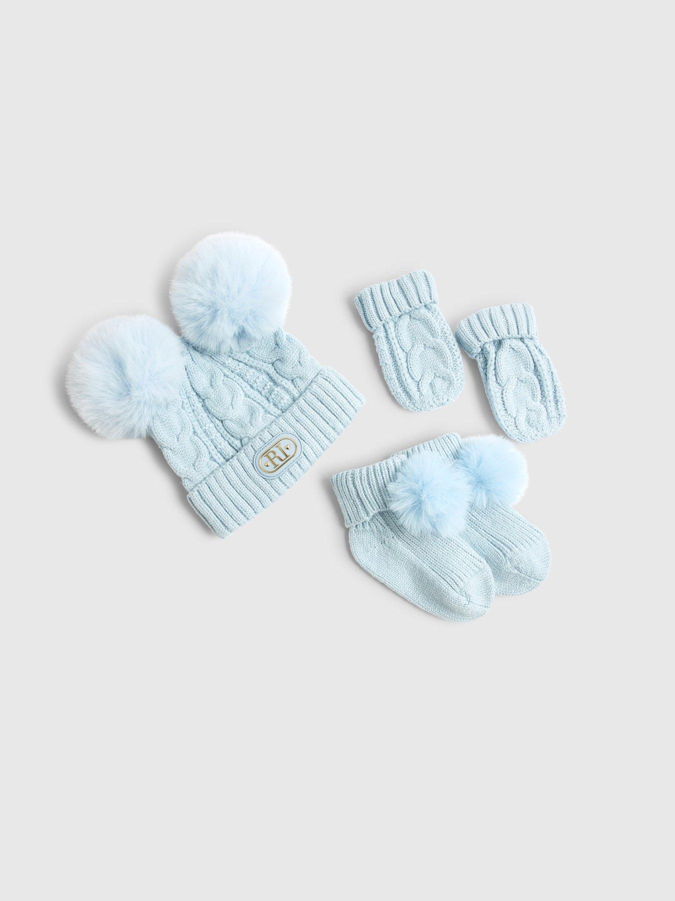 Image 2 of 3 of River Island Baby Boys 3 Piece Pom Pom Beanie Bundle Set - Light Blue