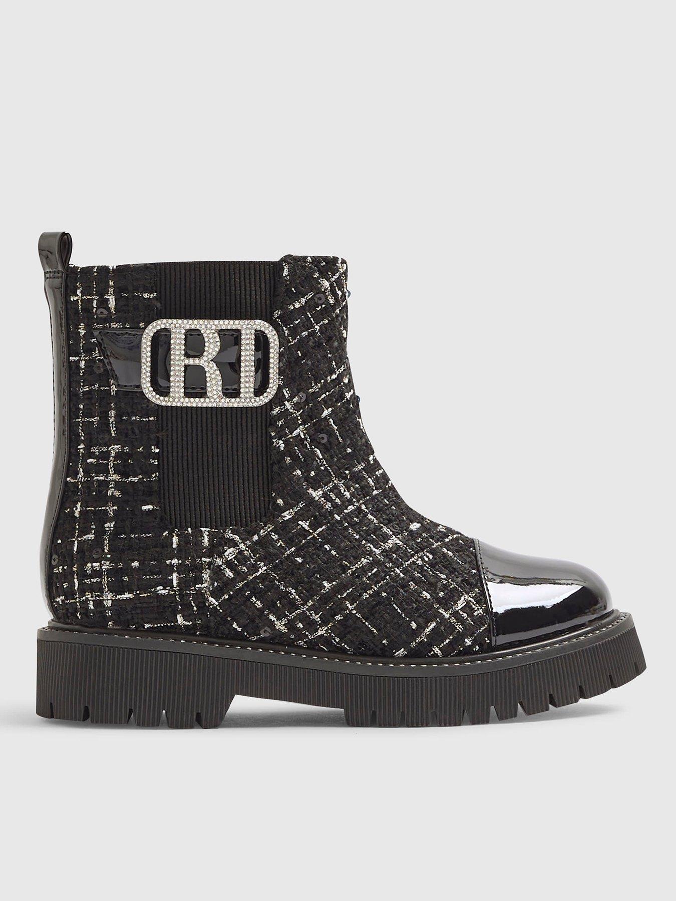 Image 1 of 5 of River Island Older Girls Boucle Embellished Boots - Black