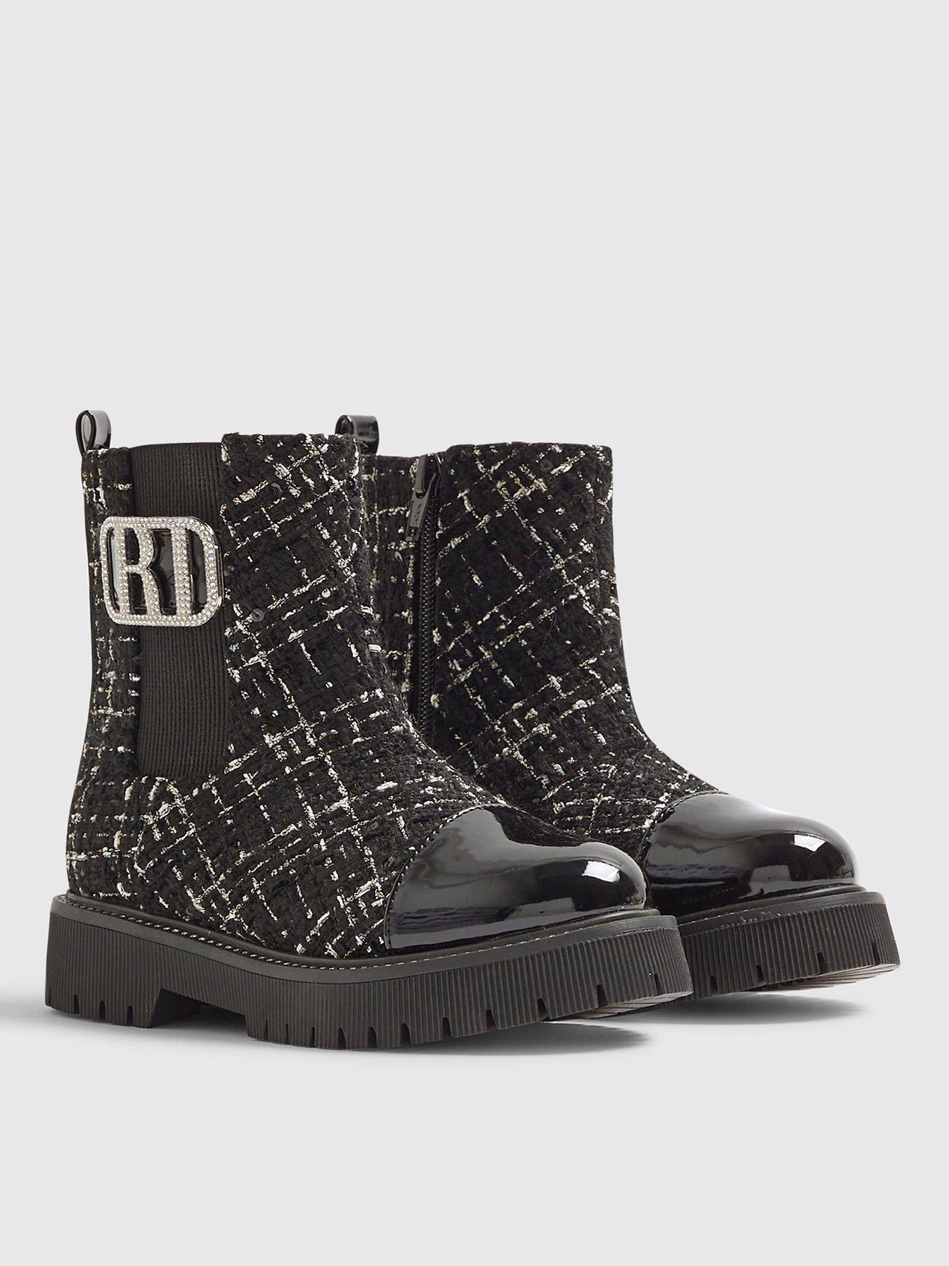 Image 2 of 5 of River Island Older Girls Boucle Embellished Boots - Black