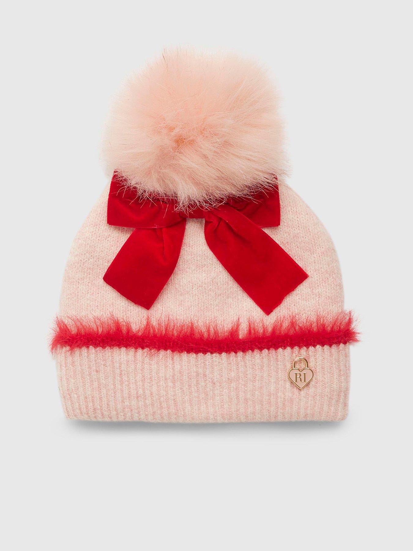 River Island Older Girls Bow Beanie Hat - Pink