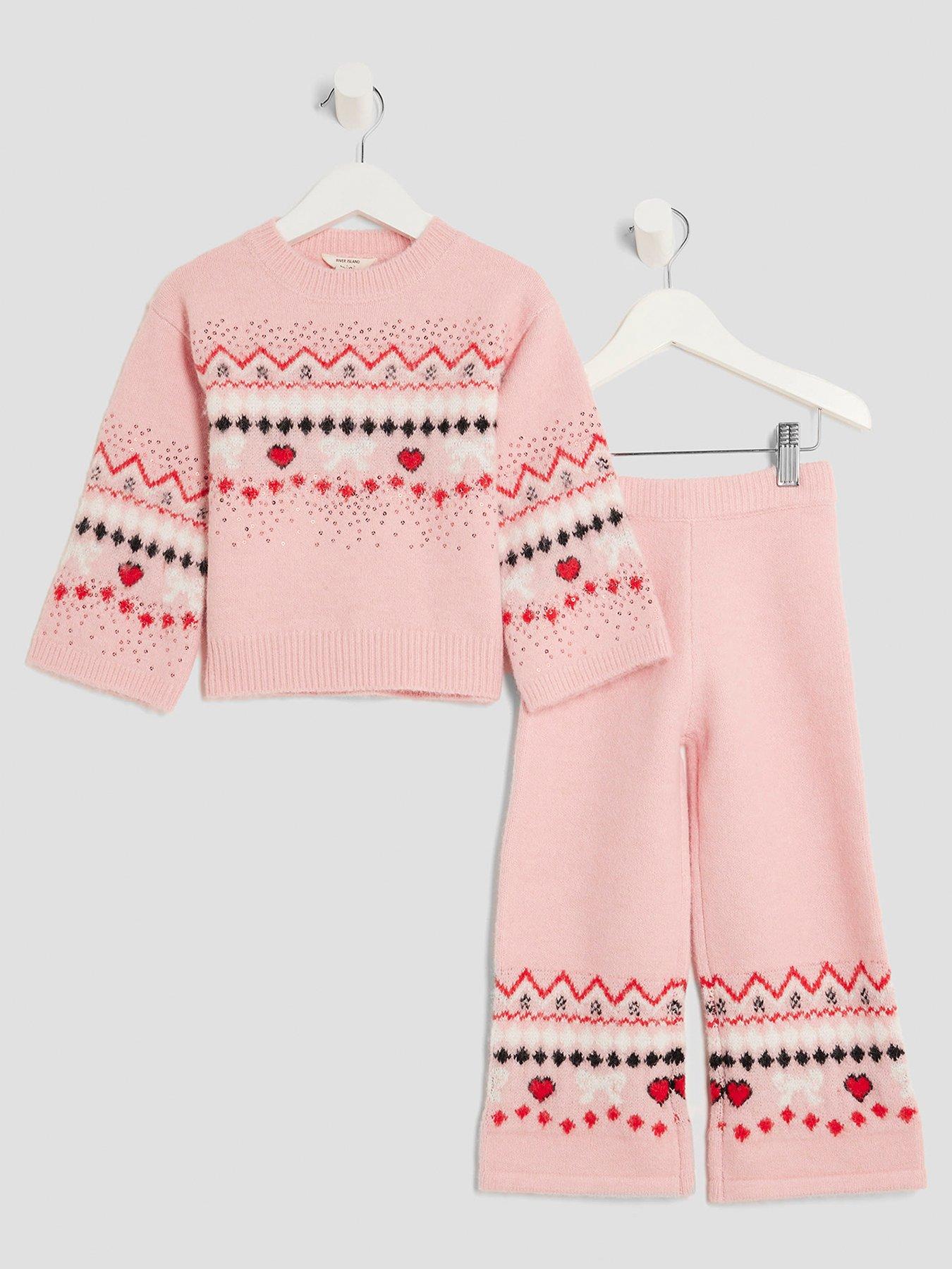 River Island Mini Girls Fairisle Bow Jumper Set, Pink, Size Age: 2-3 Years