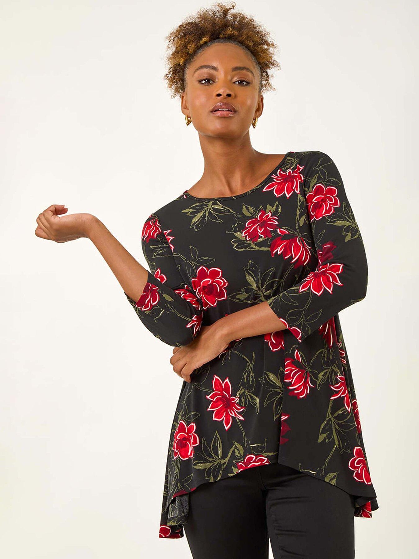 Roman Floral Puff Print Tunic Top - Red