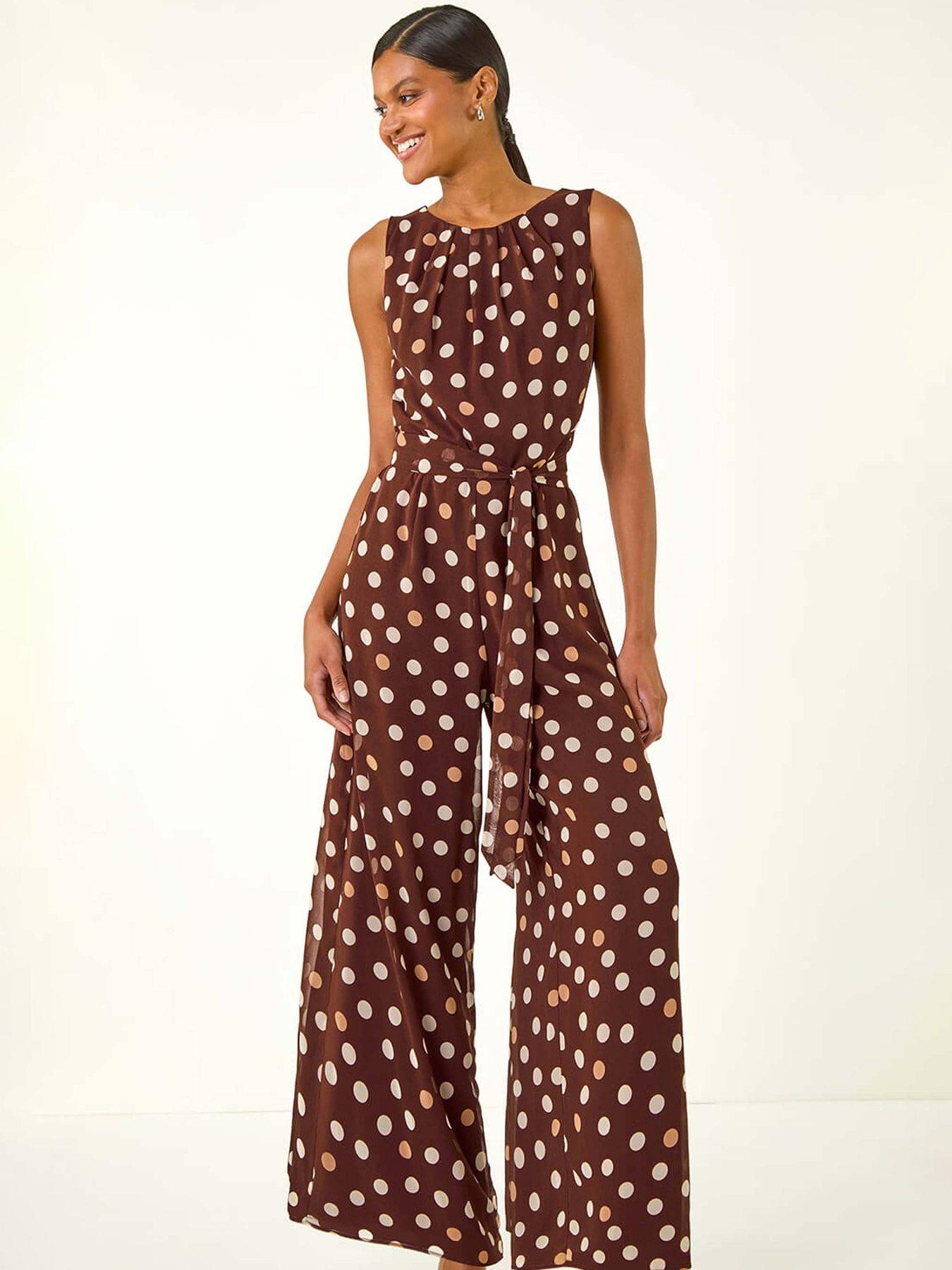 undefined Spot Print Chiffon Belted Jumpsuit - Brown