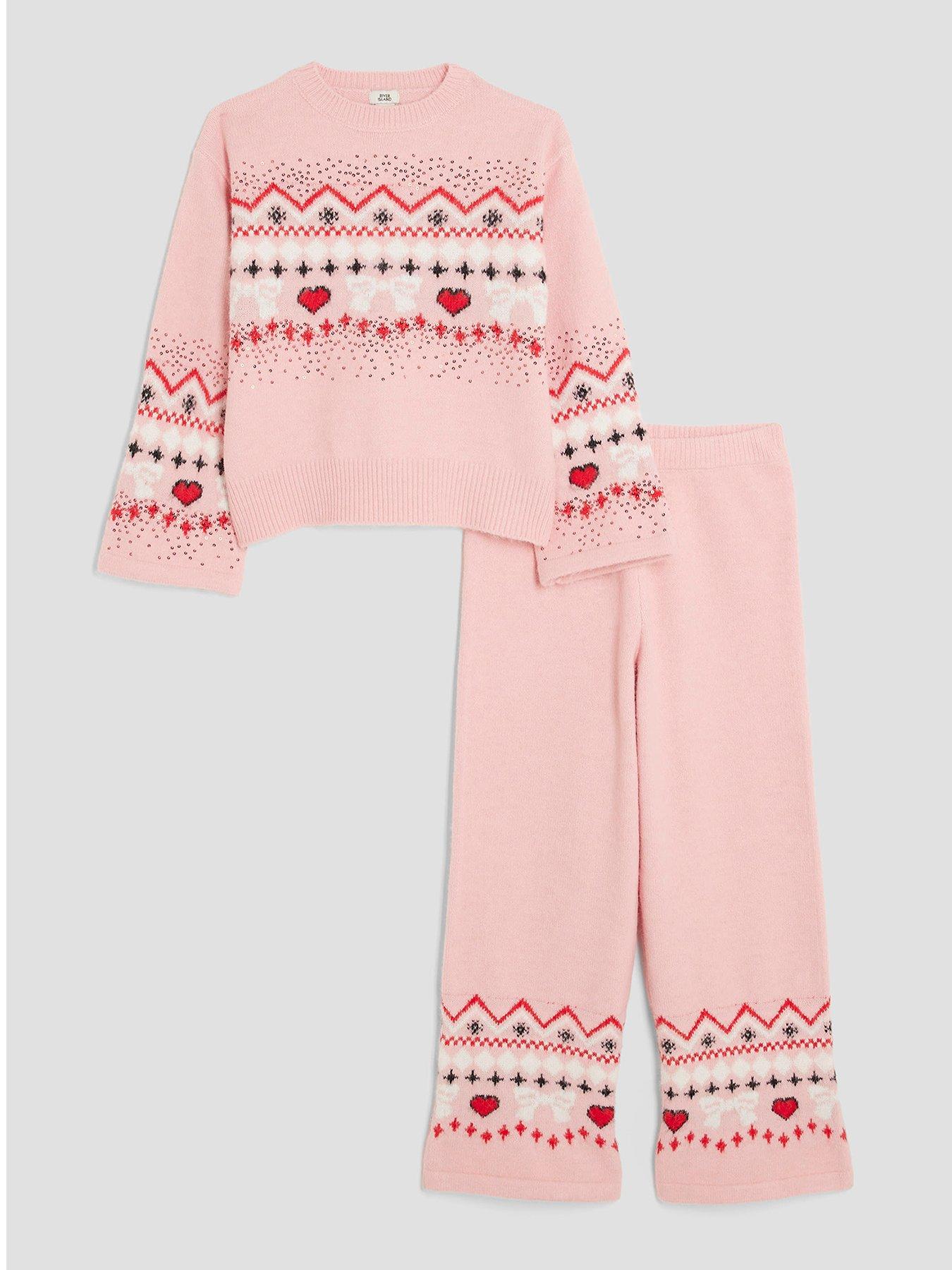 River Island Older Girls Knitted Sequin Fairisle Jumper Set, Pink, Size Age: 9-10 Years
