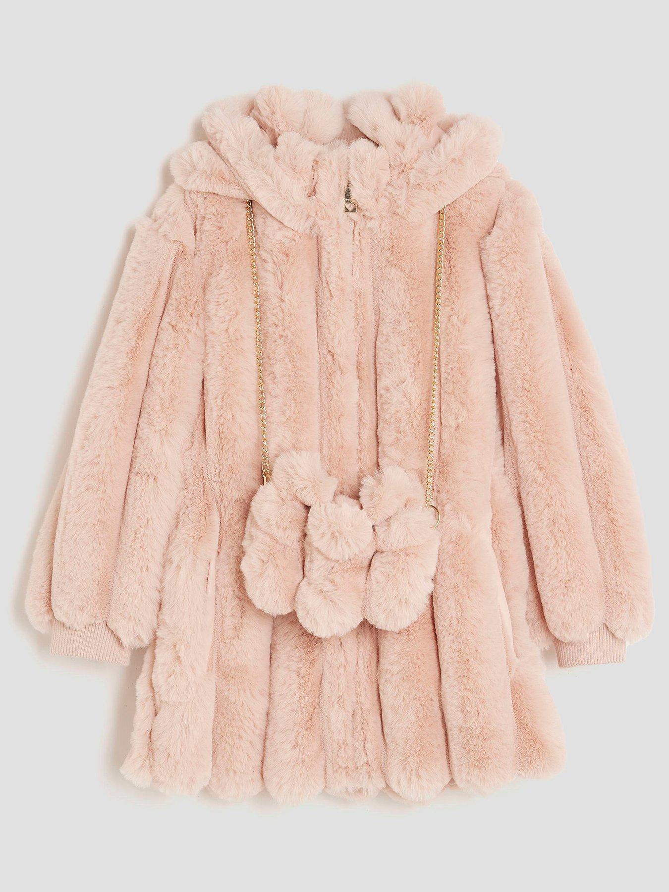 River Island Older Girls Faux Fur Coat With Bag Light Pink Very
