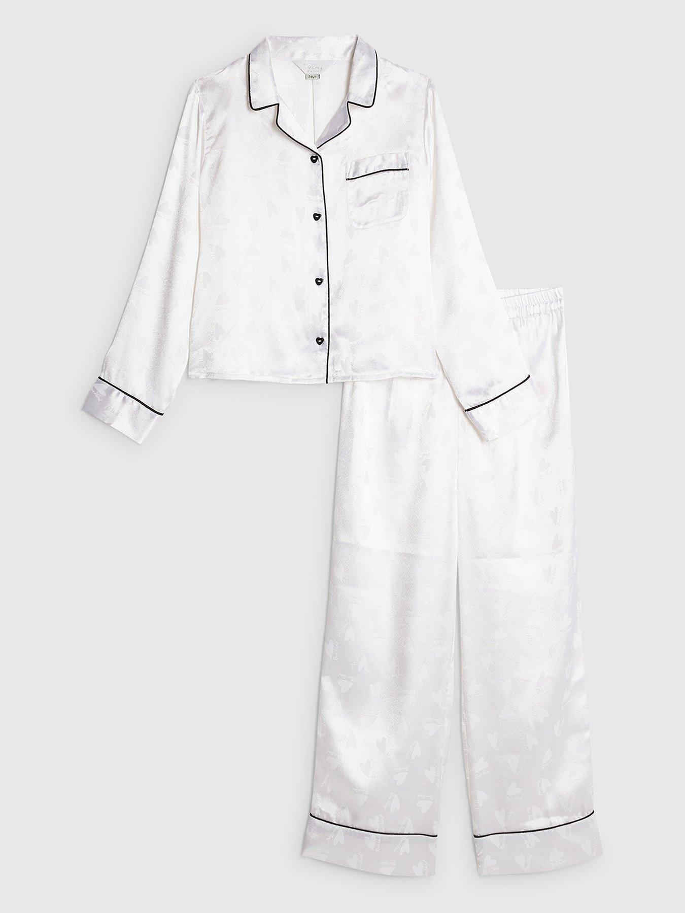 River Island: Older Girls Heart Jacquard Satin Pyjama Set - White