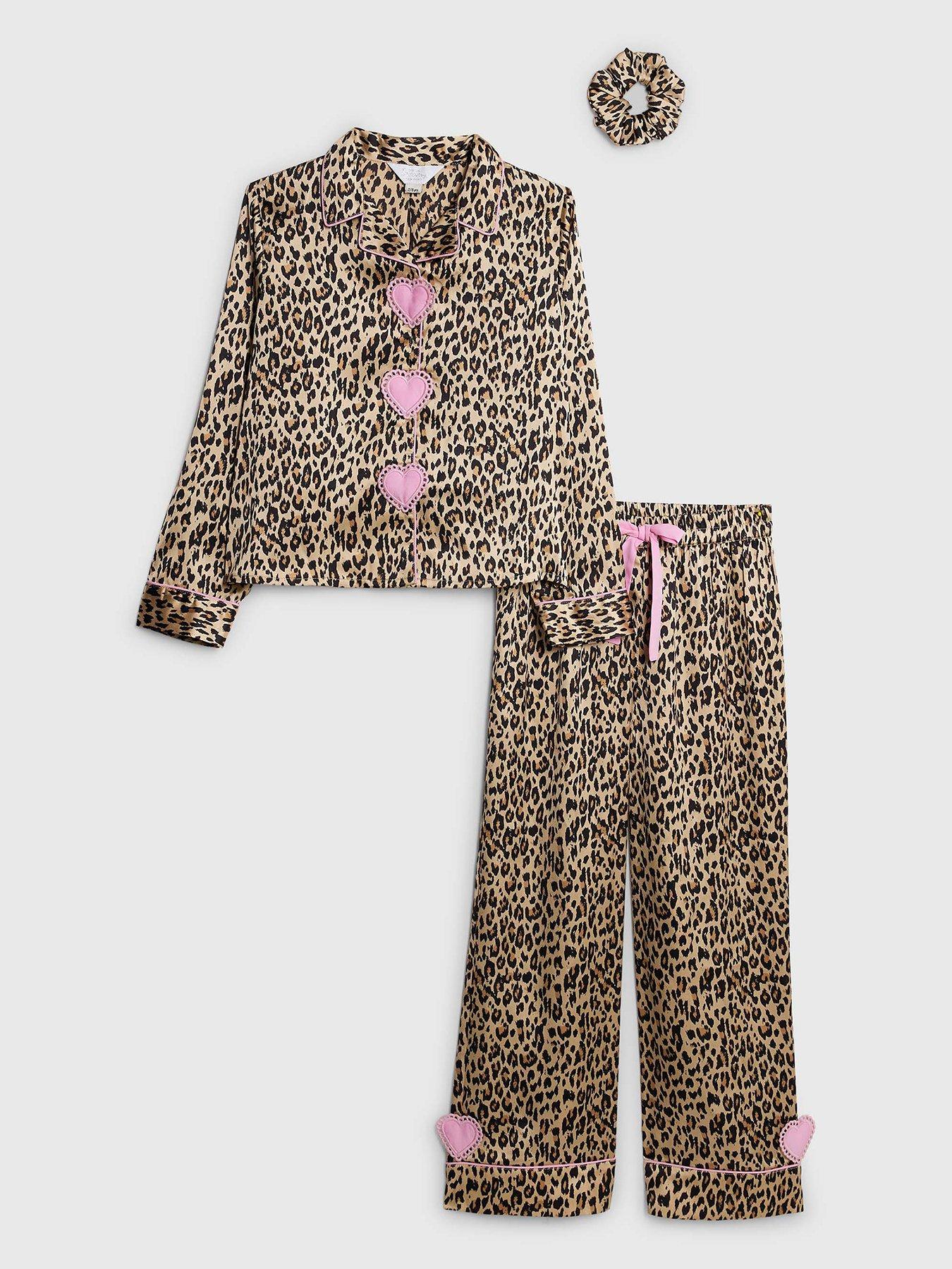 Image 1 of 3 of River Island Older Girls Heart Pyjamas Set With Scrunchie - Brown Leopard Print