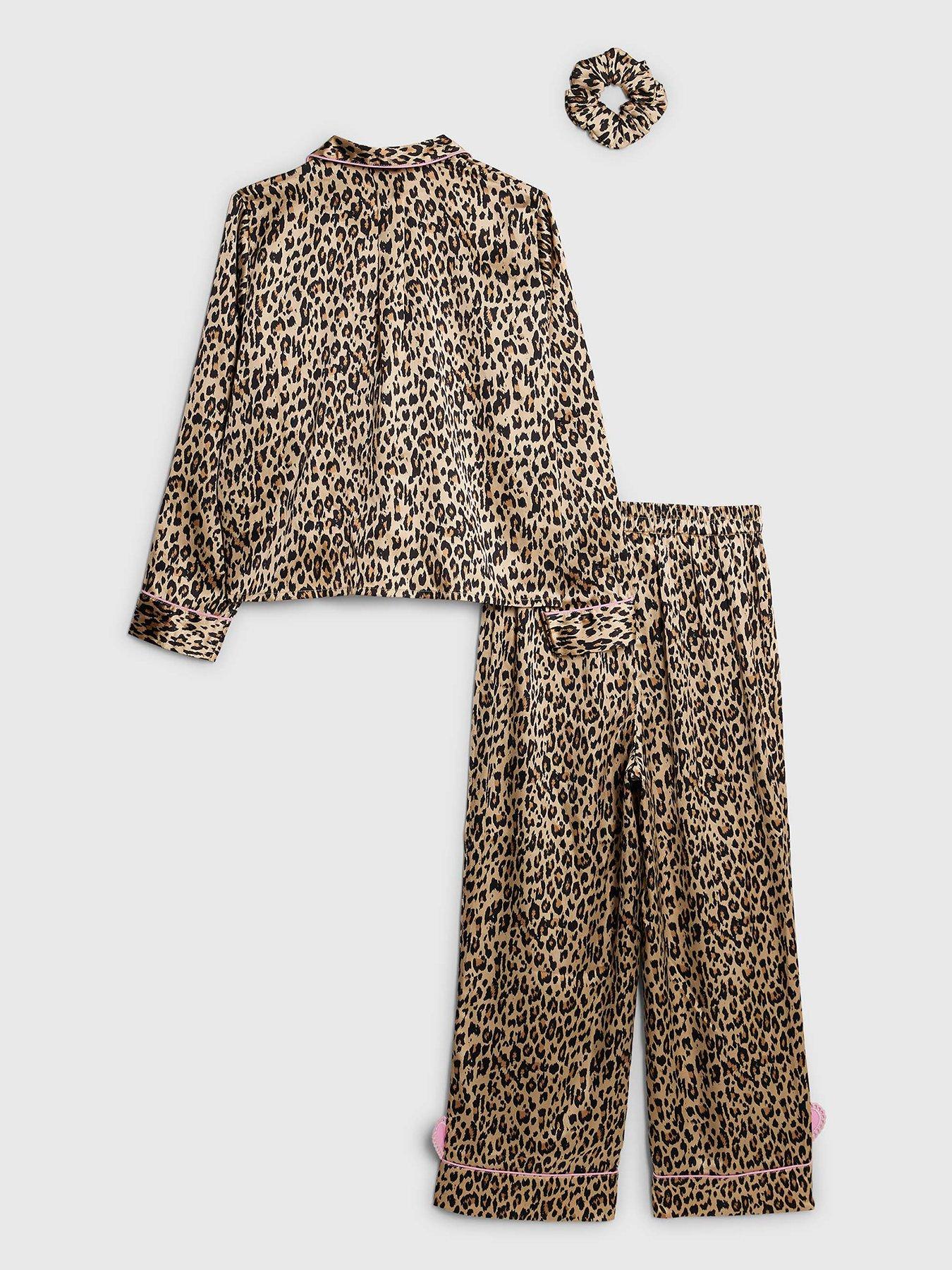 Image 2 of 3 of River Island Older Girls Heart Pyjamas Set With Scrunchie - Brown Leopard Print