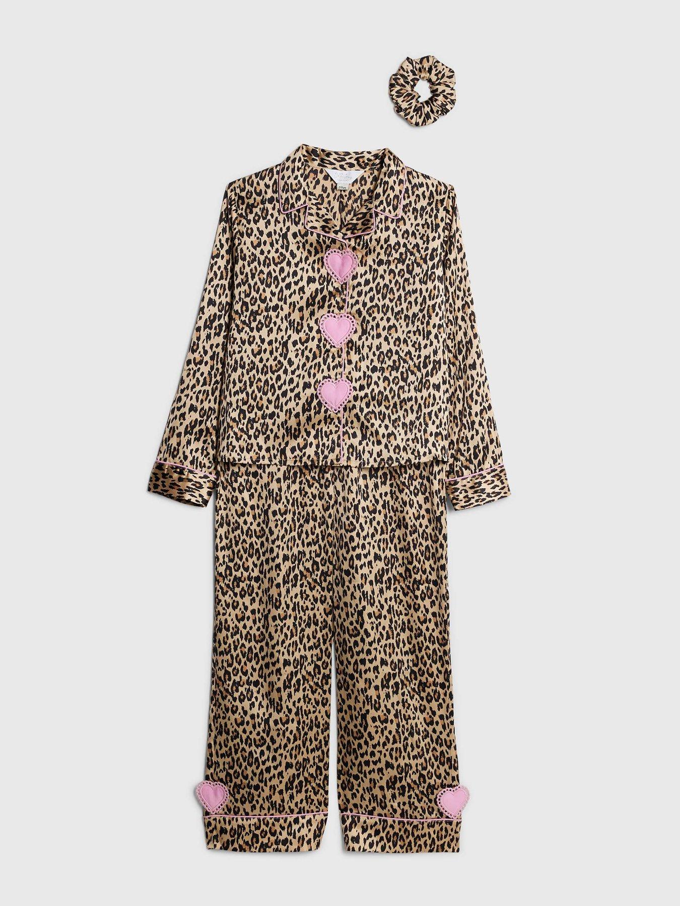 Image 3 of 3 of River Island Older Girls Heart Pyjamas Set With Scrunchie - Brown Leopard Print
