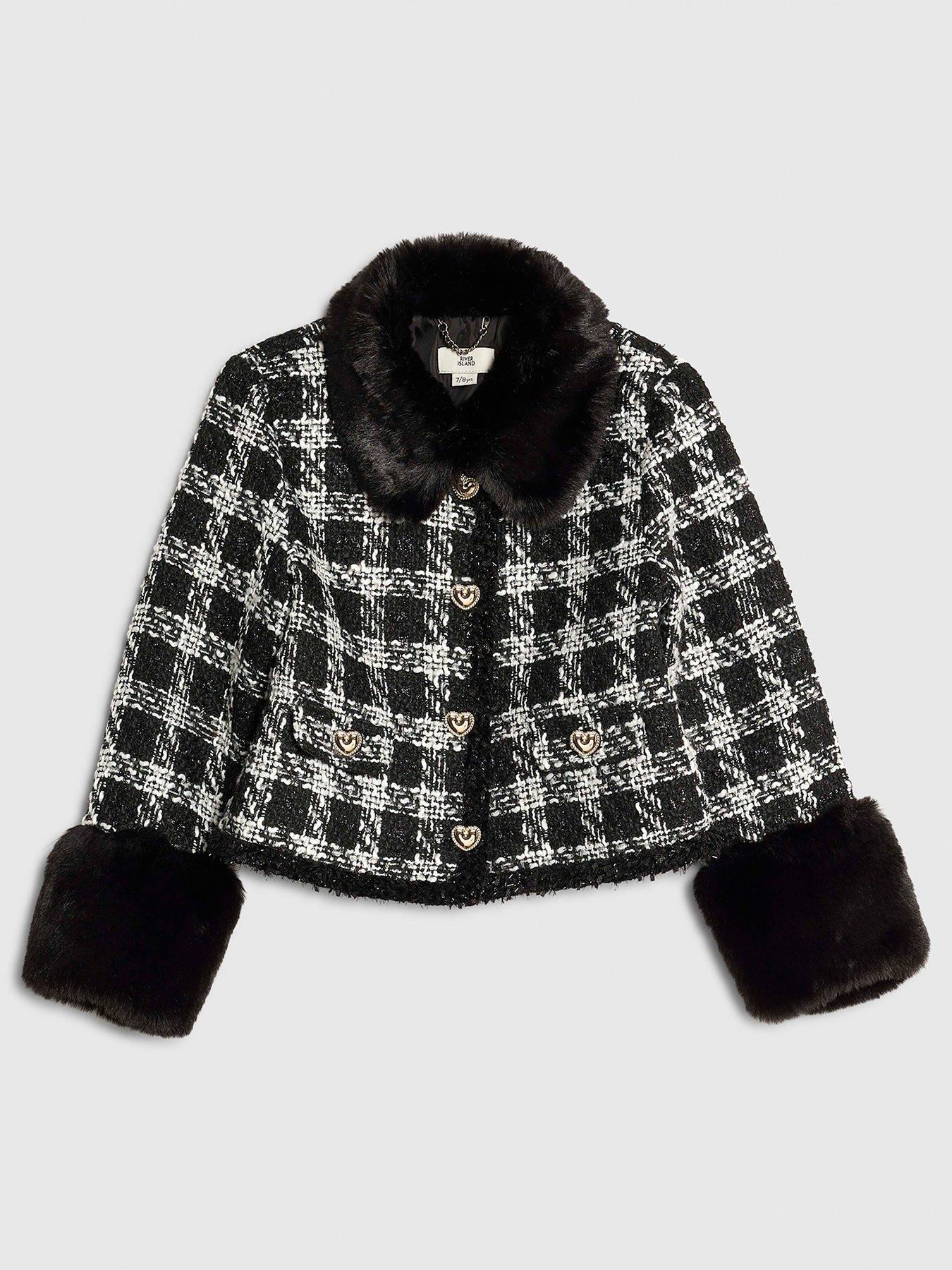 River Island Older Girls Check Boucle Jacket - Black