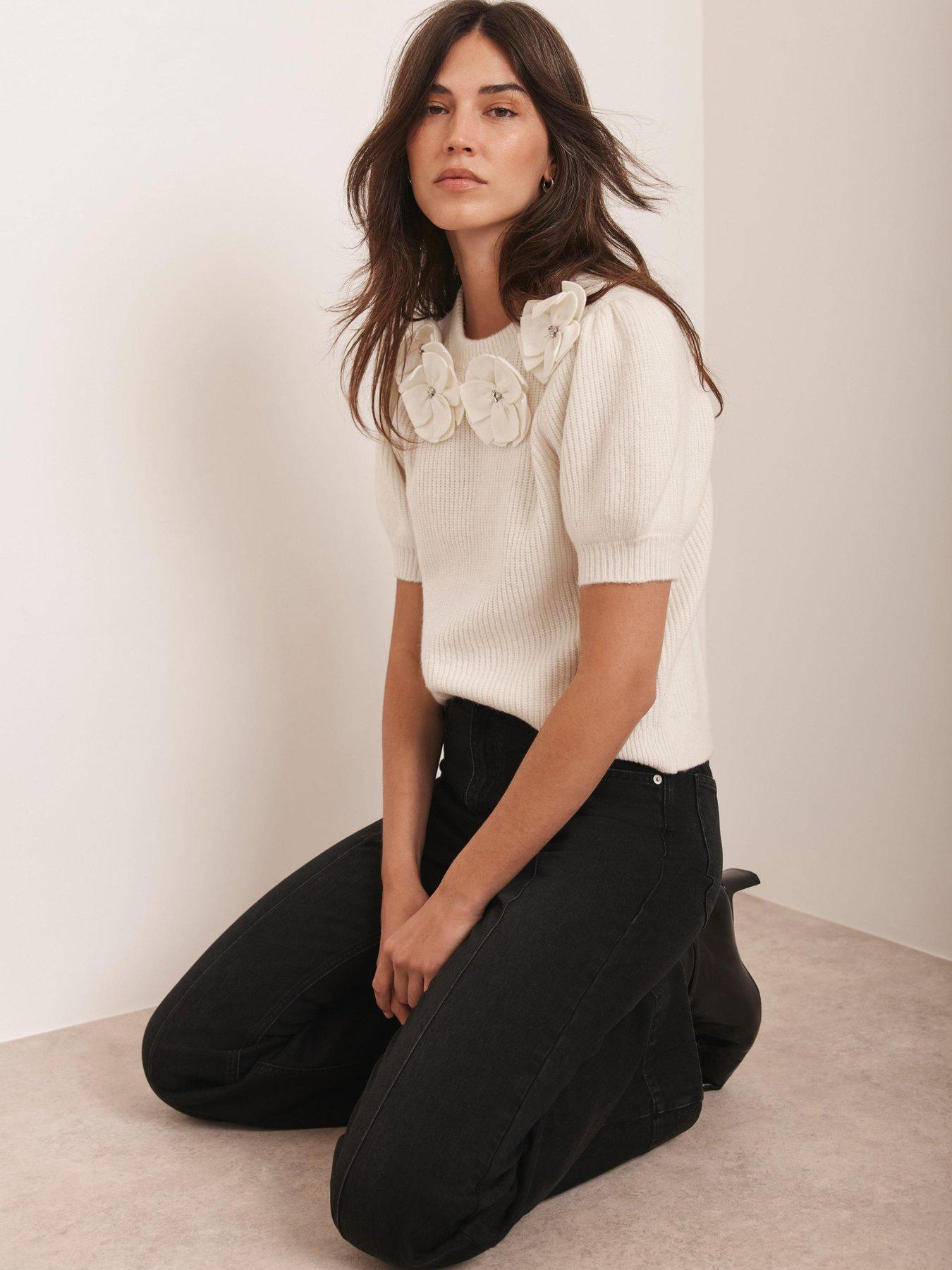 Mint Velvet Cream Flower Knit Tee - White